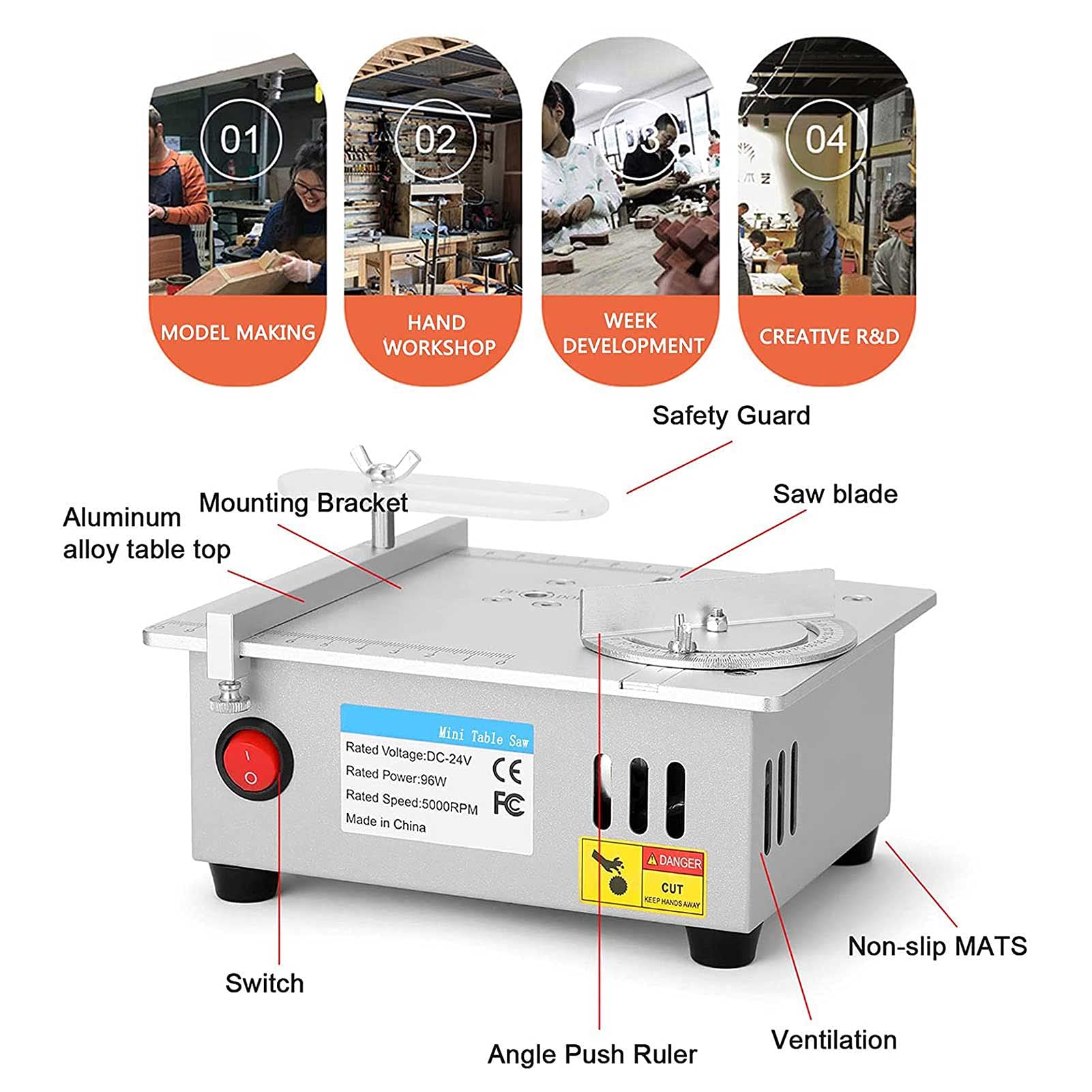 Mini Table Saw - Portable Desktop Precision Saw with Adjustable Speed & Angle for Hobby Crafts | Compact Household Chainsaw for Woodworking, DIY Projects & Model Making