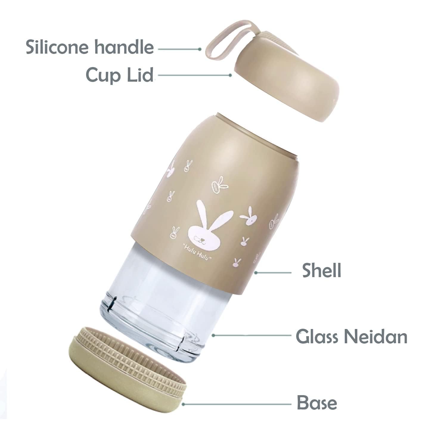 Piercell® Cute Rabbit Print Glass Water Bottle - 330ml BPA-Free Travel Friendly Bottle for Kids, Boys & Girls - Stylish Leak-Proof Design for School, Gym, Hiking & Outdoor Activities (Multicolor, Pack of 1)