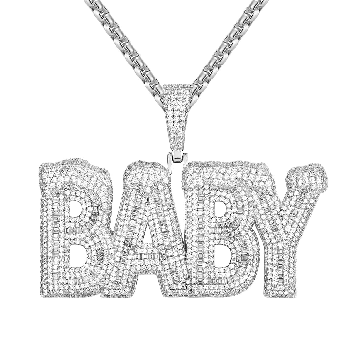 Master of Bling Men's Iced Out Baguette Double Layer Hip Hop Pendant Chain - 14K White Gold Tone Custom Jewelry for Rappers & Streetwear Fashion