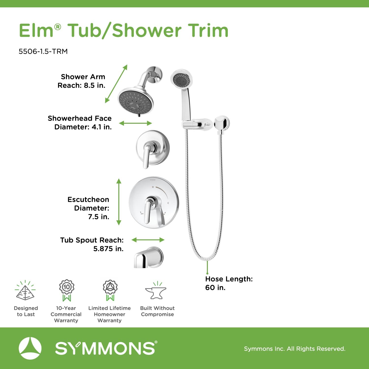 Symmons 5506-1.5-TRM Elm 2-Handle Tub and Shower Faucet Trim with 5-Spray Showerhead & 3-Spray Hand Shower in Polished Chrome (Valves Sold Separately) - Perfect for Bathroom Renovation and Luxury Spa Experience