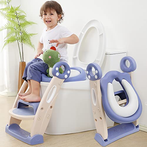 **Potty Training Seat with Ladder - Toddler Toilet Seat with Double Step Stools, Anti-Slip Mushroom Design for Boys & Girls (Blue) - Perfect for Home & Travel Use**