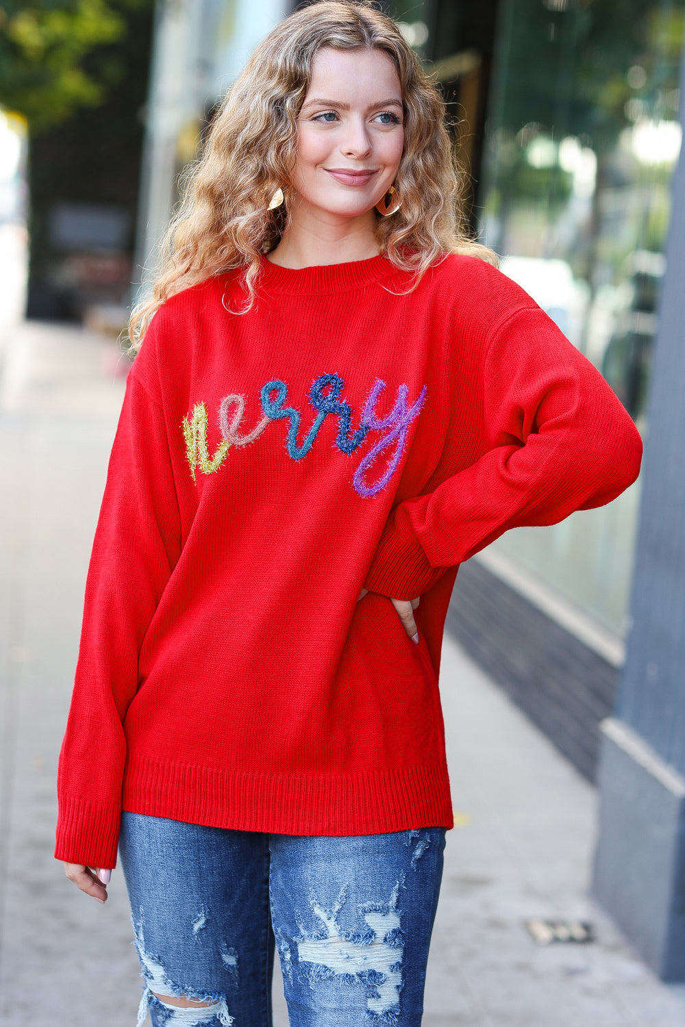 More The Merrier Red Pop Up Lurex Sweater - Women's Sparkly Holiday Party Knitwear for Christmas & New Year Celebrations