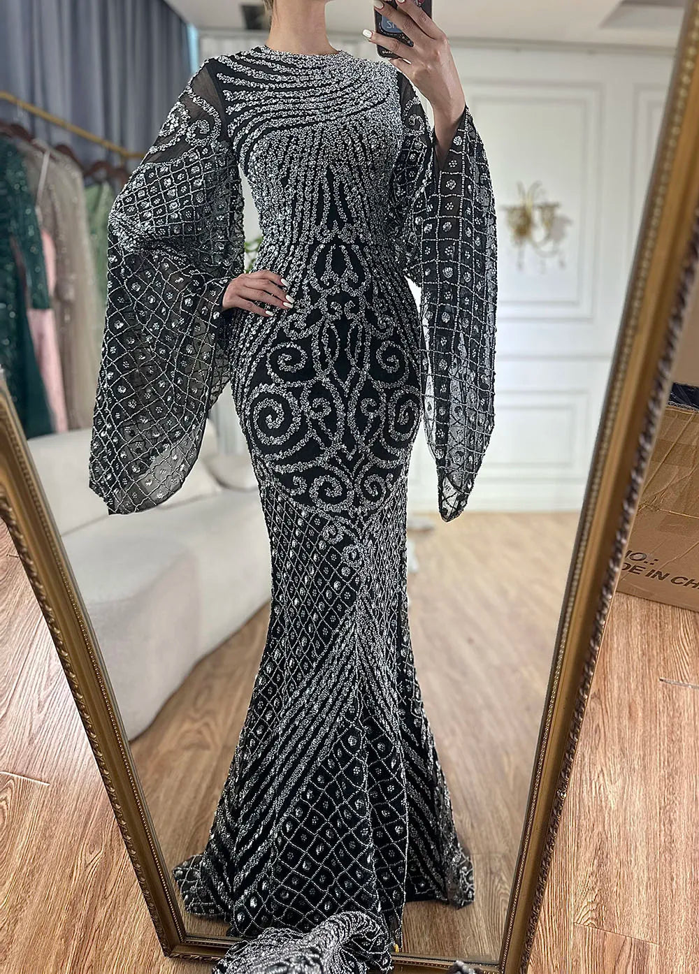 Luxury Dubai Flared Sleeves Caramel Beaded Saudi Arabic Mermaid Evening Dress Gown for Women - Formal Occasion Wedding Party Prom Night LA72771