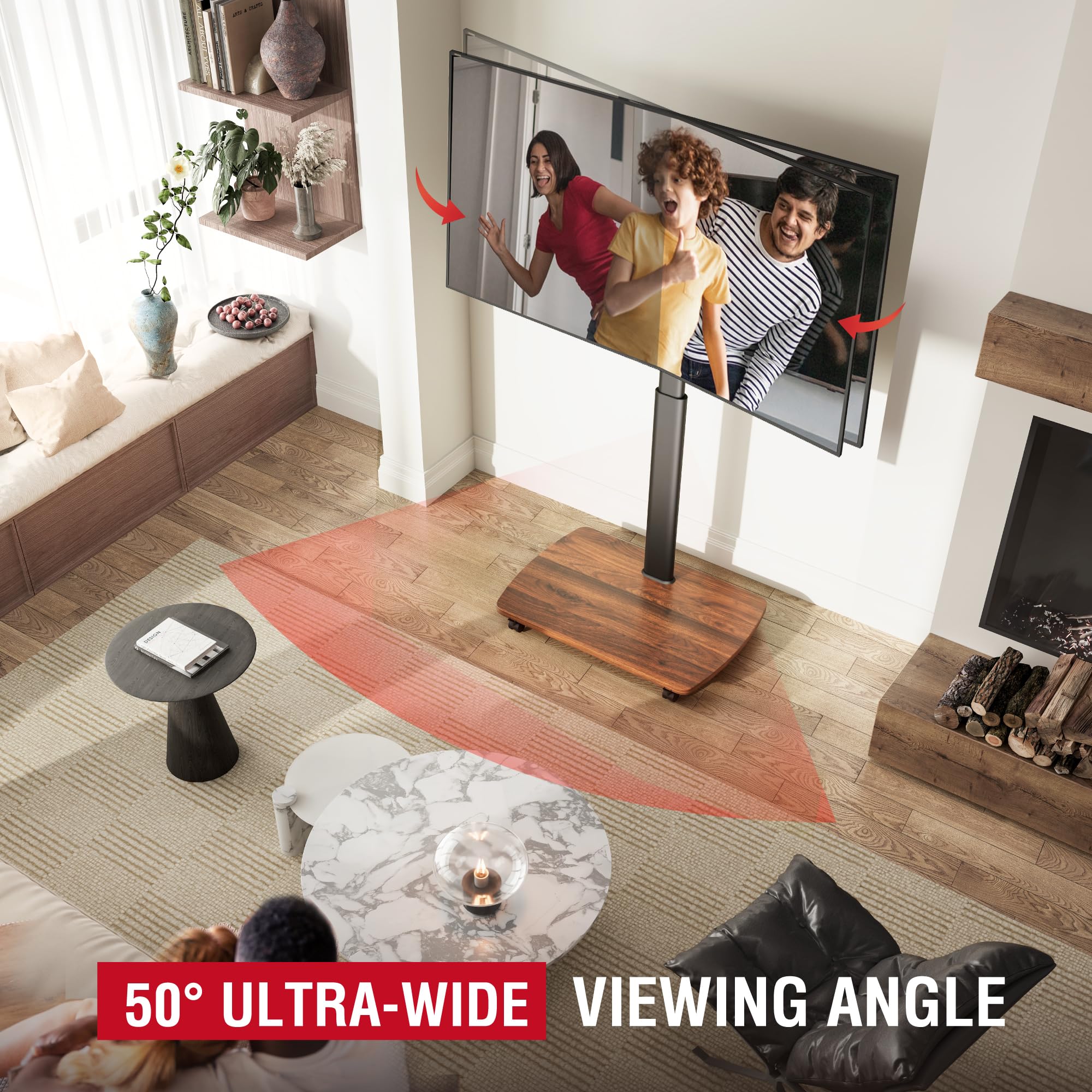 Portable Rolling TV Stand with Wheels for 43-75 Inch TVs - 10-Level Height Adjustable, 12° Tilt & 50° Swivel - Heavy Duty Mobile TV Floor Stand with Casters (Holds 110 lbs) - Walnut Finish - Perfect for Living Rooms, Bedrooms, and Outdoor Entertainment Spaces