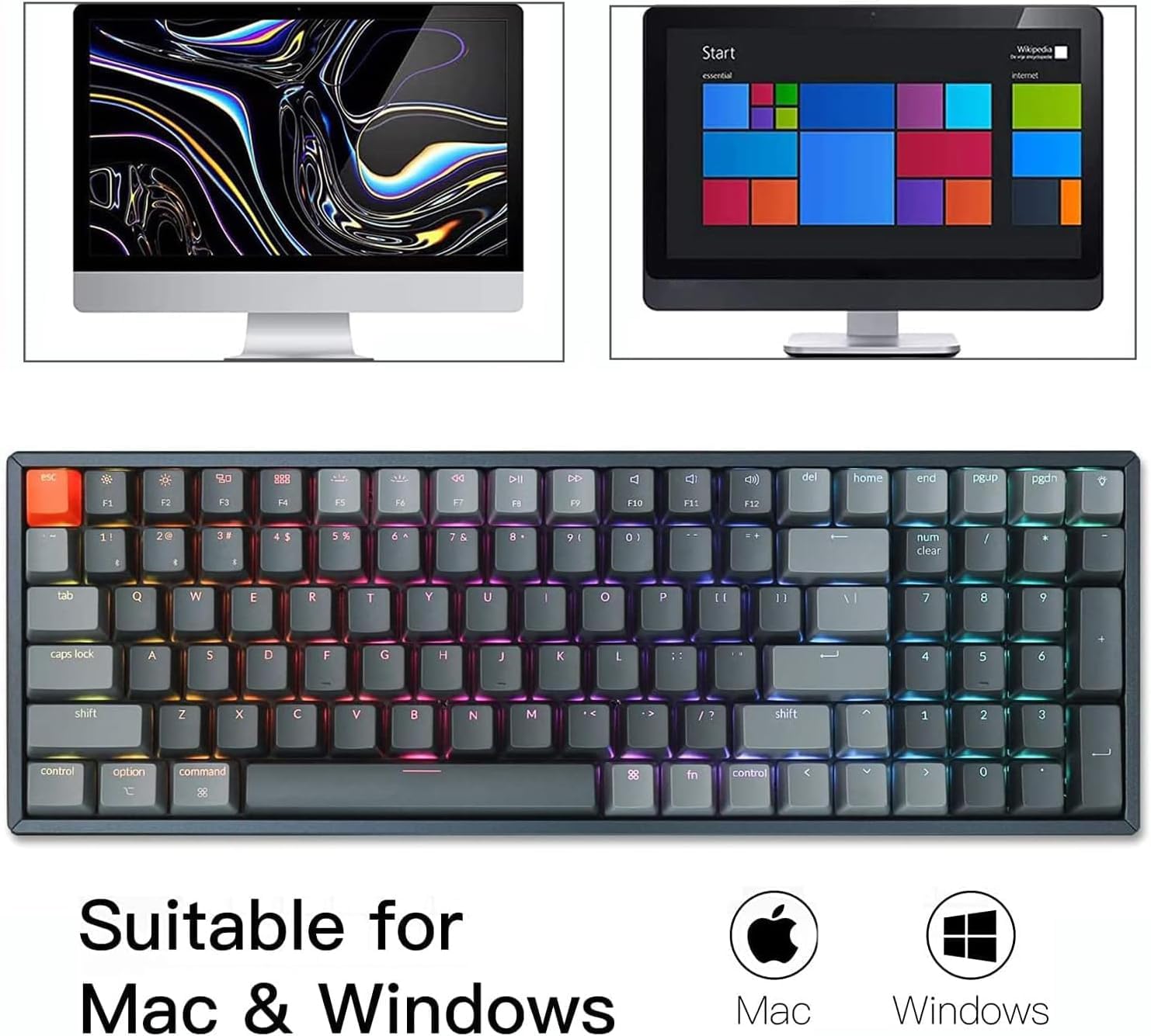 Keychron K4 Bluetooth/Wireless Mechanical Keyboard with RGB Backlit, Hot-Swappable 100-Key Compact Design, USB Wired Gaming Keyboard for Mac & Windows - Aluminum Frame, Gateron Red Switch | Perfect for Office Work, Gaming & Programming