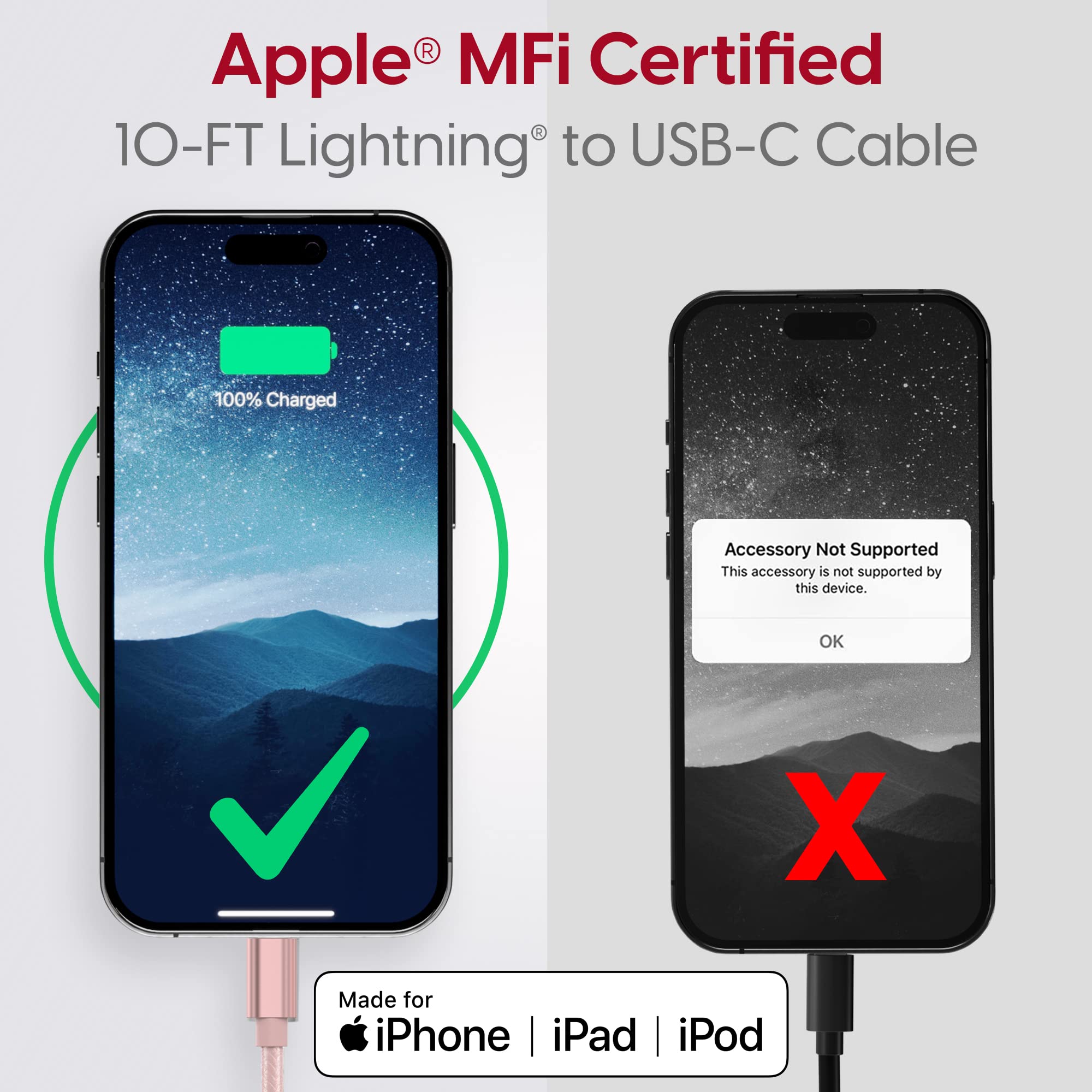 **MFI Certified USB C to Lightning Cable 10ft - Fast Charging Braided Cord Compatible with iPhone 14/13/12 Series (Rose Gold) | Durable Charger for Home, Office & Travel**
