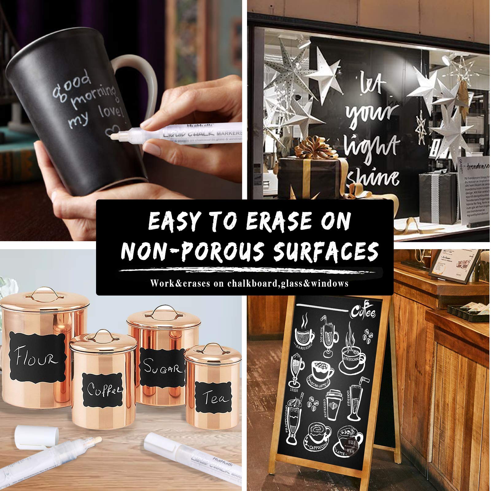 White Chalk Markers 6 Pack - Liquid Chalk Pens for Blackboard, Windows, Glass & Signs - Dry Erase Markers for Restaurants, Cafes & Bistros - Perfect for Menu Boards, Wedding Signs & DIY Projects