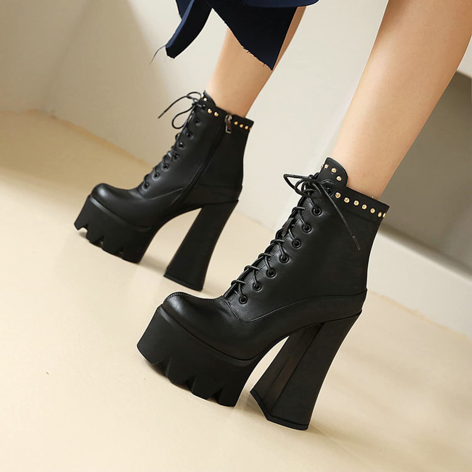 Women's Closed Toe Block High Heel Ankle Boots - Leather Motorcycle Biker Boots with Platform for Casual Wear | Perfect for Riding, Night Out & Street Style Fashion