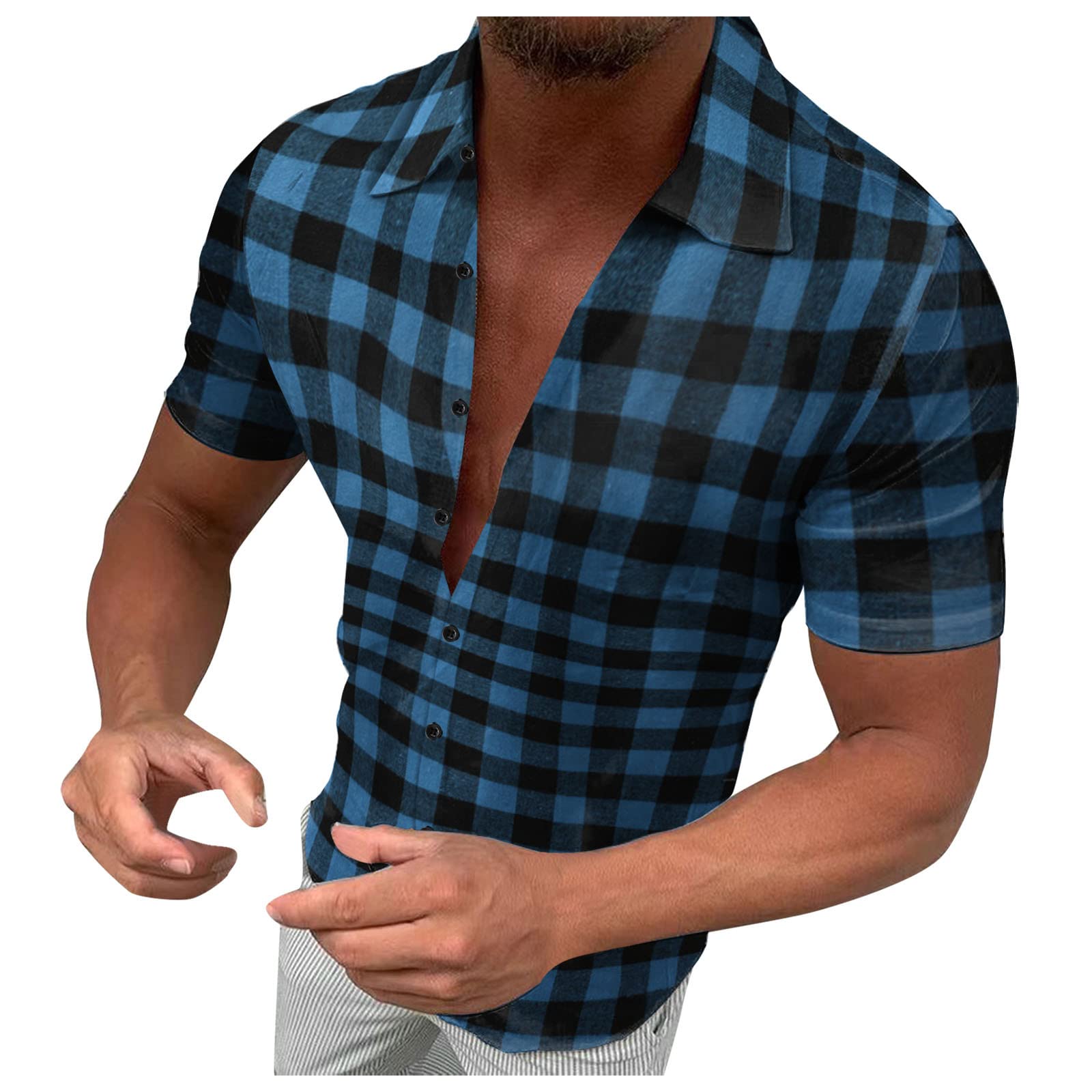 Men's Casual Plaid Short Sleeve Shirt Jacket with Buckle Lapel - Spring Summer Fashion for Outdoor, Beach & Casual Wear