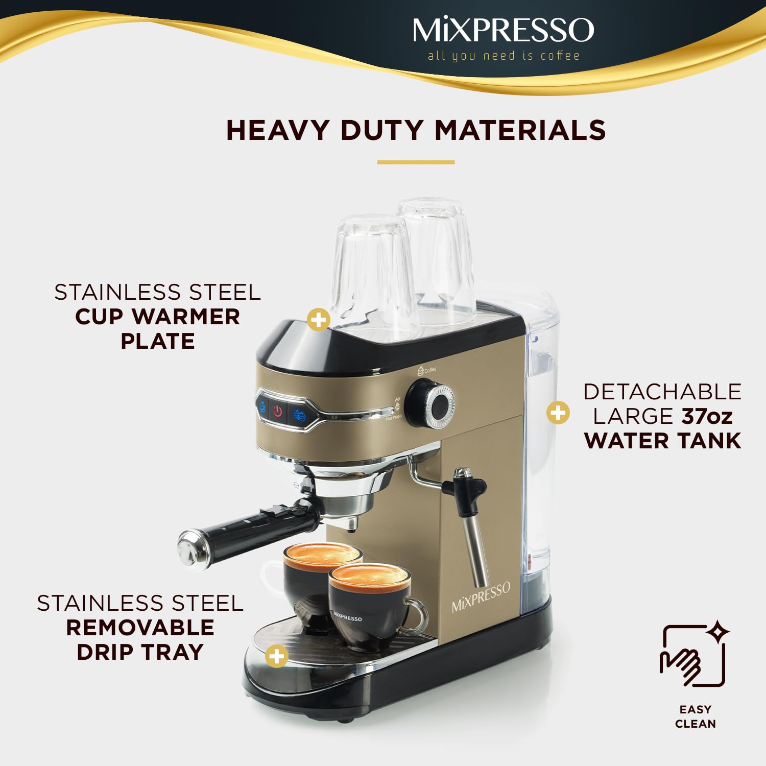 Mixpresso Professional 15 Bar Espresso Machine with Milk Frother - Fast Heating 1450W, 37Oz Water Tank - Perfect for Home Baristas, Cappuccino & Latte Maker - Ideal for Morning Coffee, Entertaining Guests & Coffee Shops
