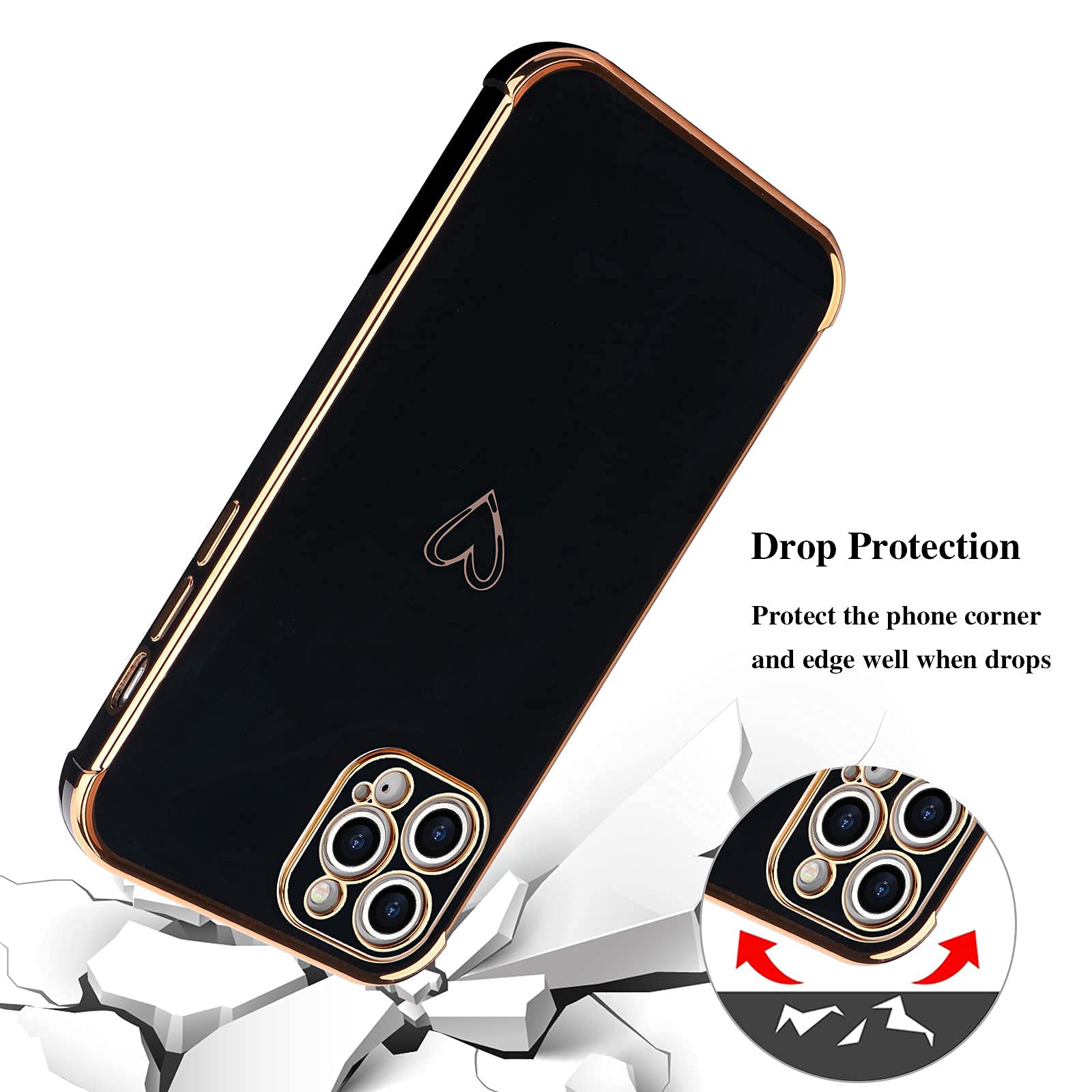 Cute Love Heart iPhone 12 Pro Max Case - Luxury Plating Shockproof Silicone Cover with Camera Protection | Slim Soft Bumper Phone Case for Women & Girls | Perfect for Daily Use, Work, Travel & Gift Giving (Black)