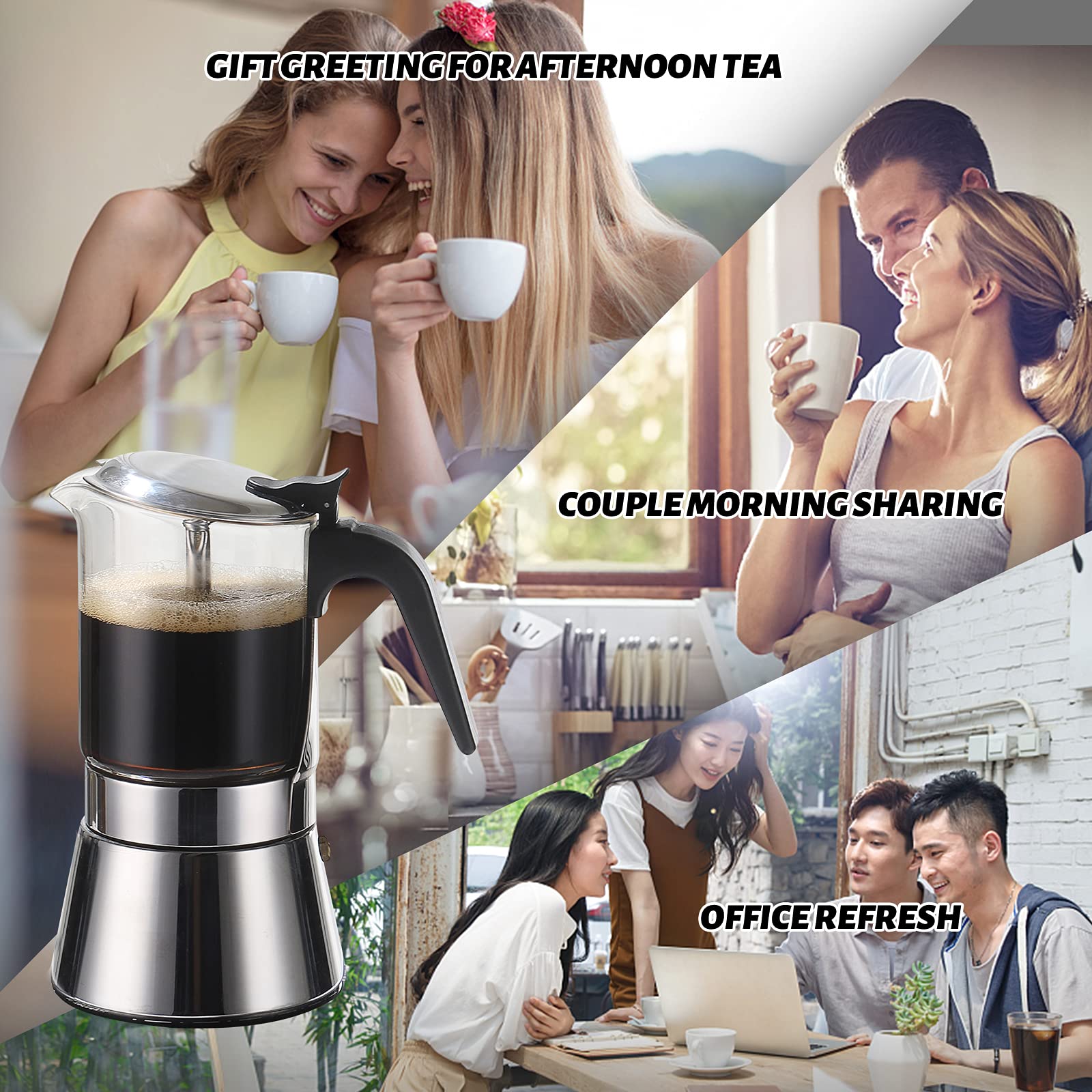 Moka Induction Stovetop Espresso Maker - 160ml Stainless Steel Italian Coffee Pot with Pressure Valve & Crystal Glass Top | Perfect for Home, Office & Camping Coffee Brewing