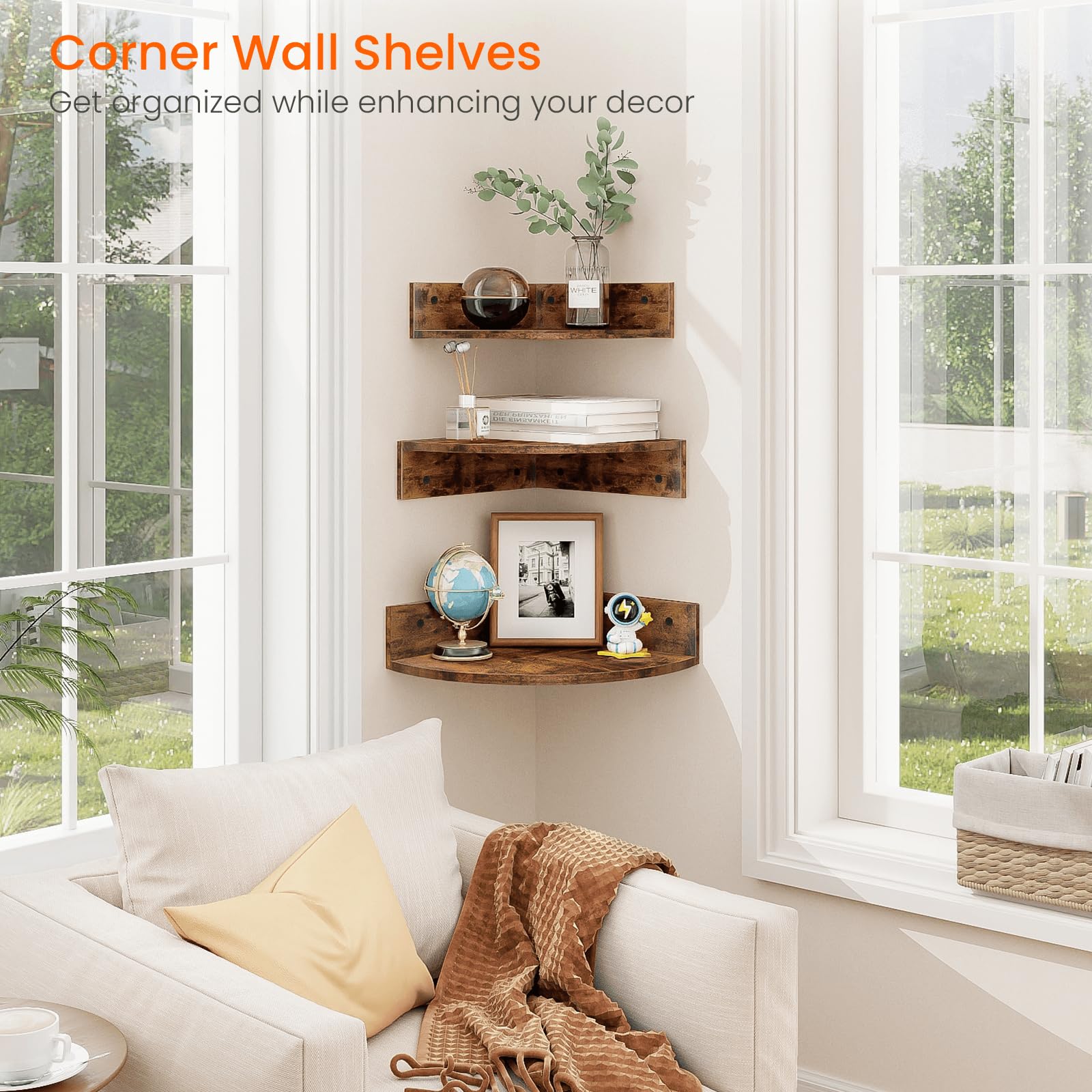 Homode 3-Tier Floating Corner Shelf Set - Rustic Brown & Black Wall Mount Shelves with Cord Hole for Bathroom, Living Room, Kitchen & Bedroom - Perfect for Displaying Decor, Storing Essentials & Organizing Small Spaces