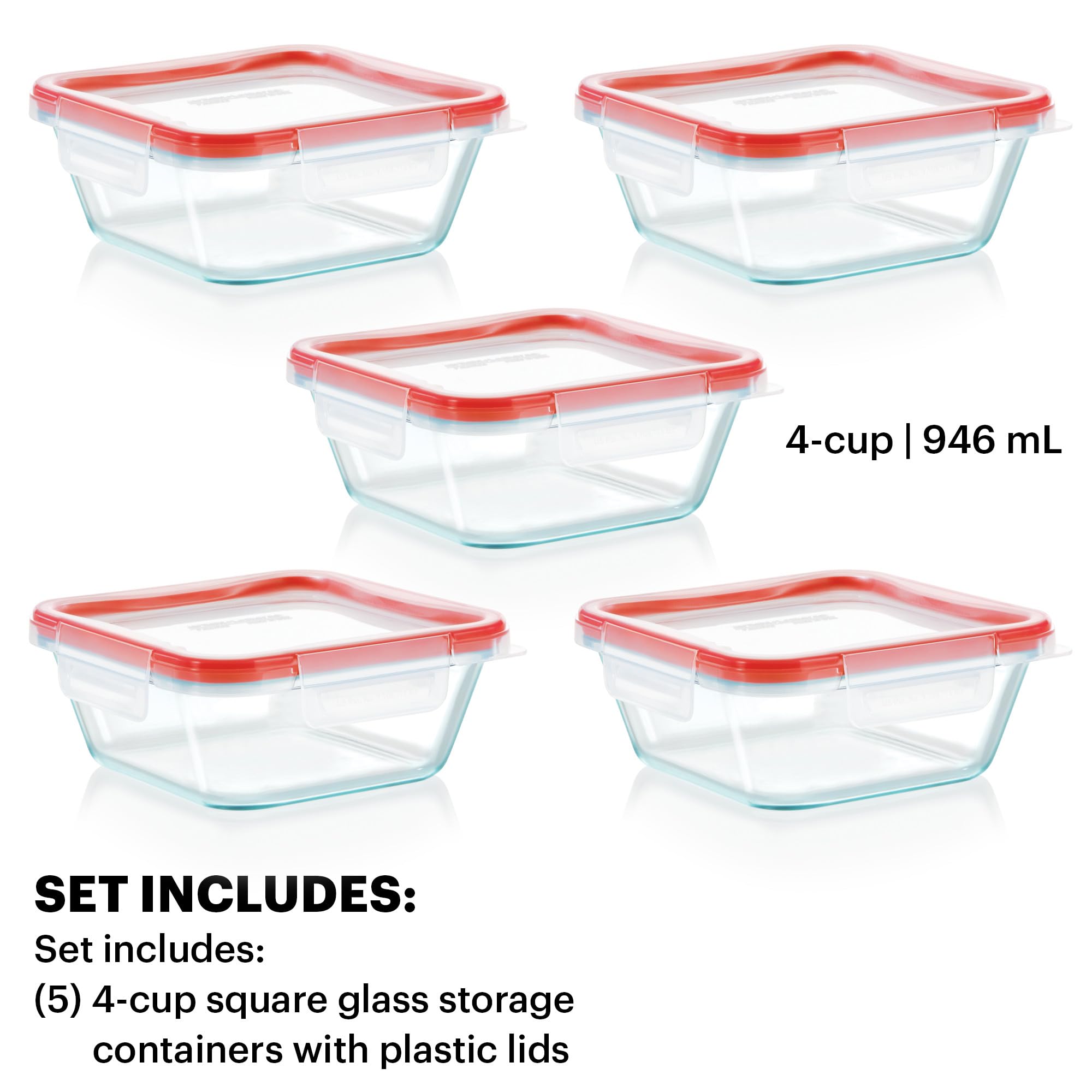 Pyrex Freshlock 5-Pack (4-Cup) Glass Food Storage Containers Set - Airtight & Leakproof Locking Lids - Freezer, Dishwasher & Microwave Safe - Perfect for Meal Prep, Leftovers & Food Storage