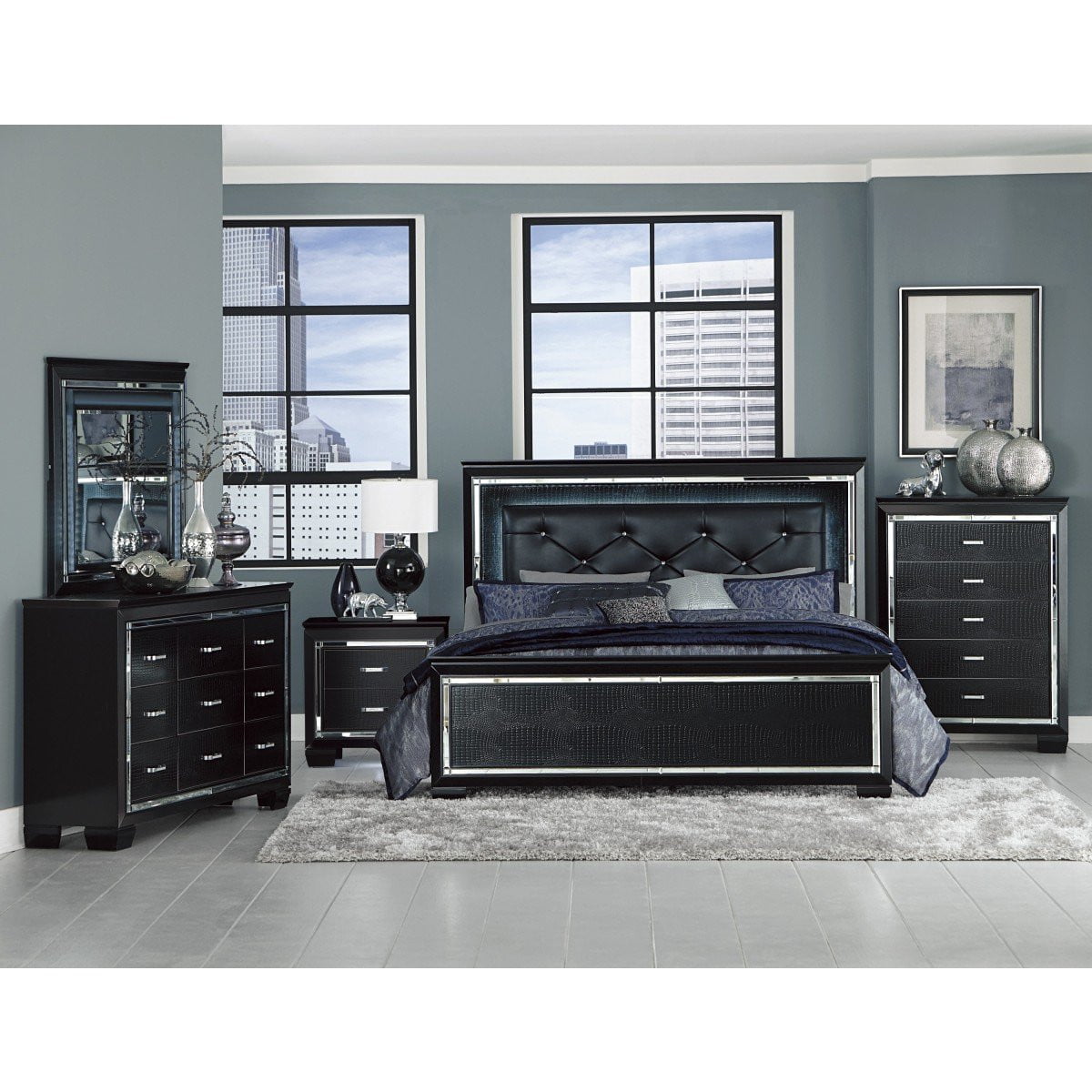 Allura Black Bedroom Collection - Modern Luxury Bedroom Furniture Set for Master Bedroom & Guest Room Decor | Includes Bed Frame, Nightstands & Dresser