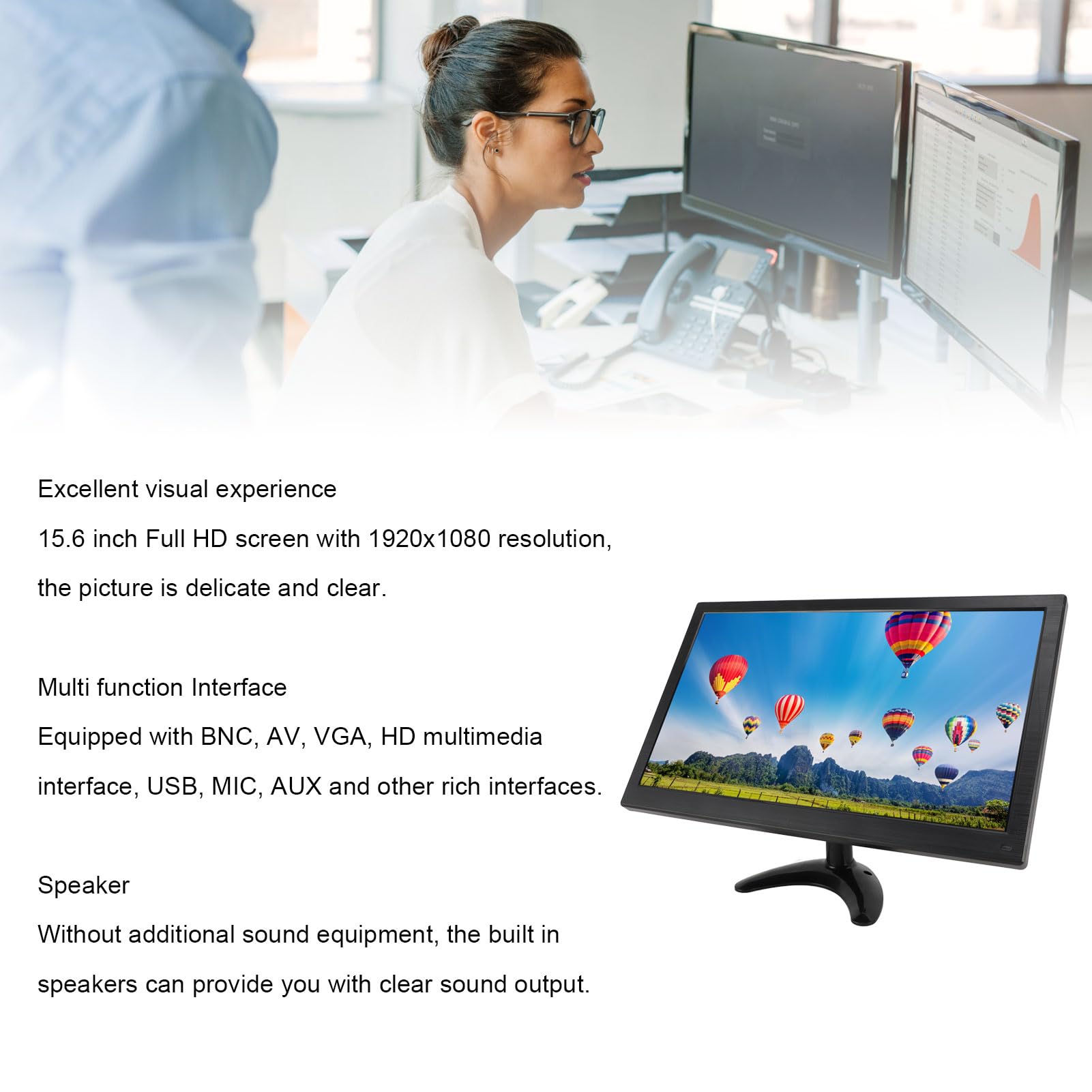 Garsent 15.6 Inch Full HD 1080p LED Monitor with Built-in Speakers, HDMI/VGA/AV/BNC/USB Ports - Kitchen TV Display for FireStick, Computer, Laptop, Raspberry Pi (UK Plug 100-240V) - Perfect for Cooking, Recipes & Smart Home Control