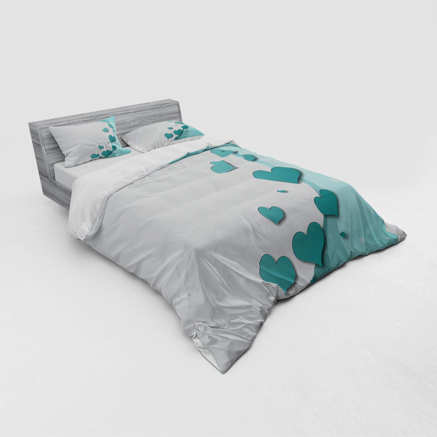 Ambesonne Turquoise 4-Piece Queen Duvet Cover Set with Shams & Fitted Sheet - Valentine's Day Romantic Heart Star Wedding Theme Bedding in Teal White - Perfect for Couples, Anniversary Gifts & Master Bedroom Decor