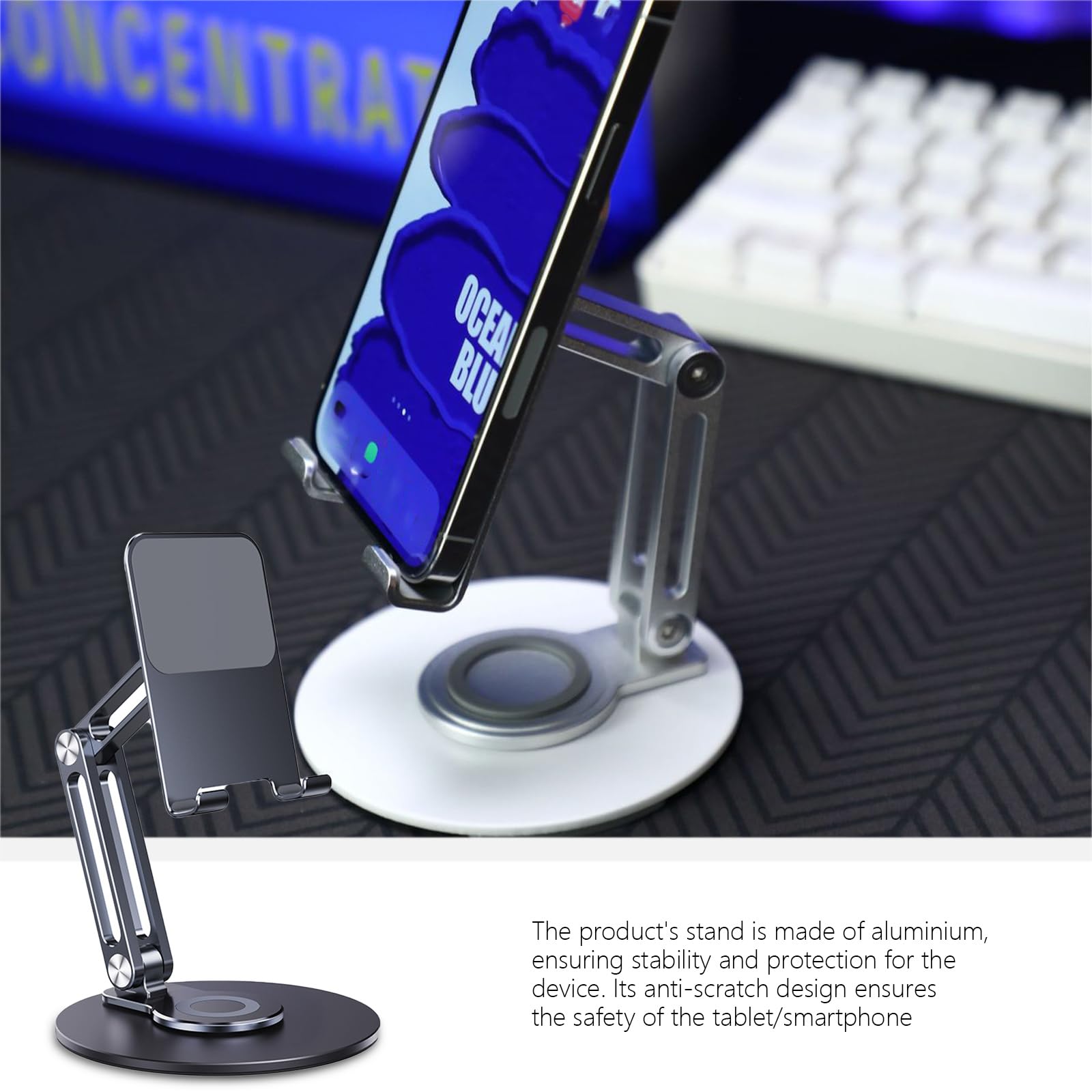 360° Rotating Aluminum Phone Stand - Adjustable Metal Holder for iPhone, Samsung, Tablets - Portable & Lightweight - Perfect for Desk, Office, Travel & Video Calls