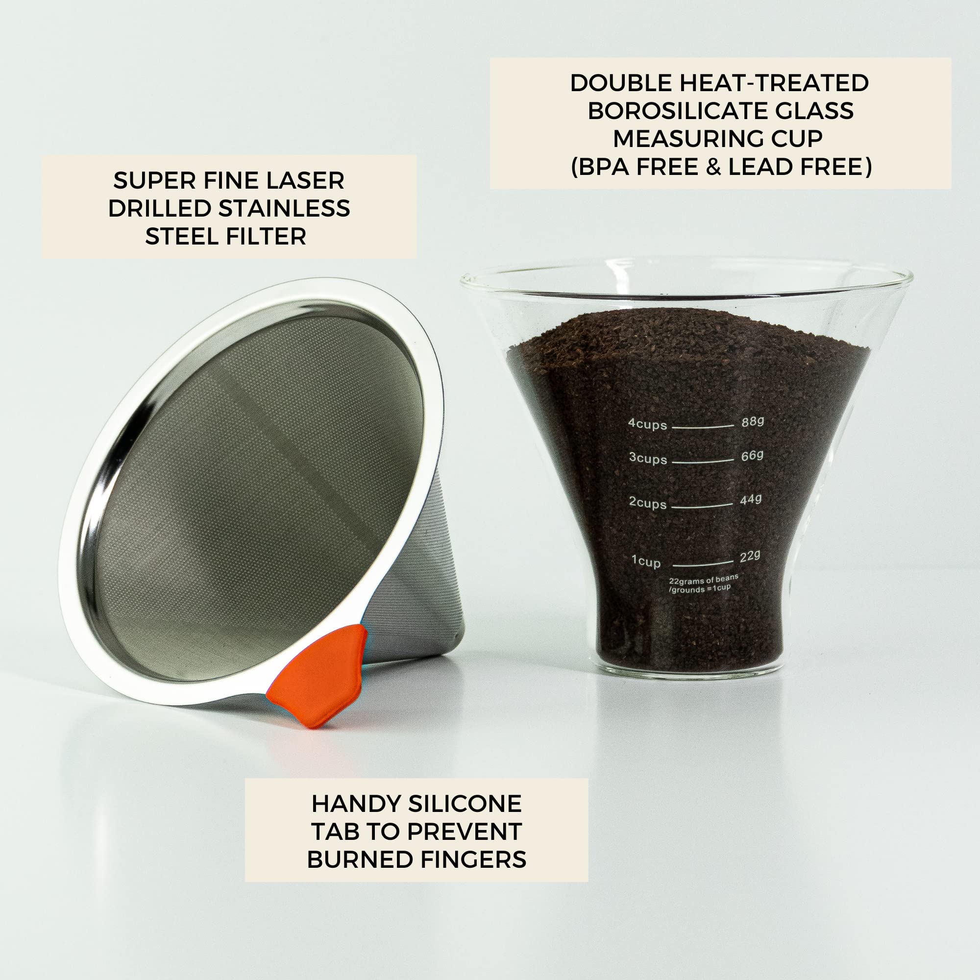 Stainless Steel Reusable Coffee Filter for Pour Over Coffee Maker - Dual Mesh Coffee Filter with Glass Measuring Cup | Perfect for Home Brewing, Camping & Office Use