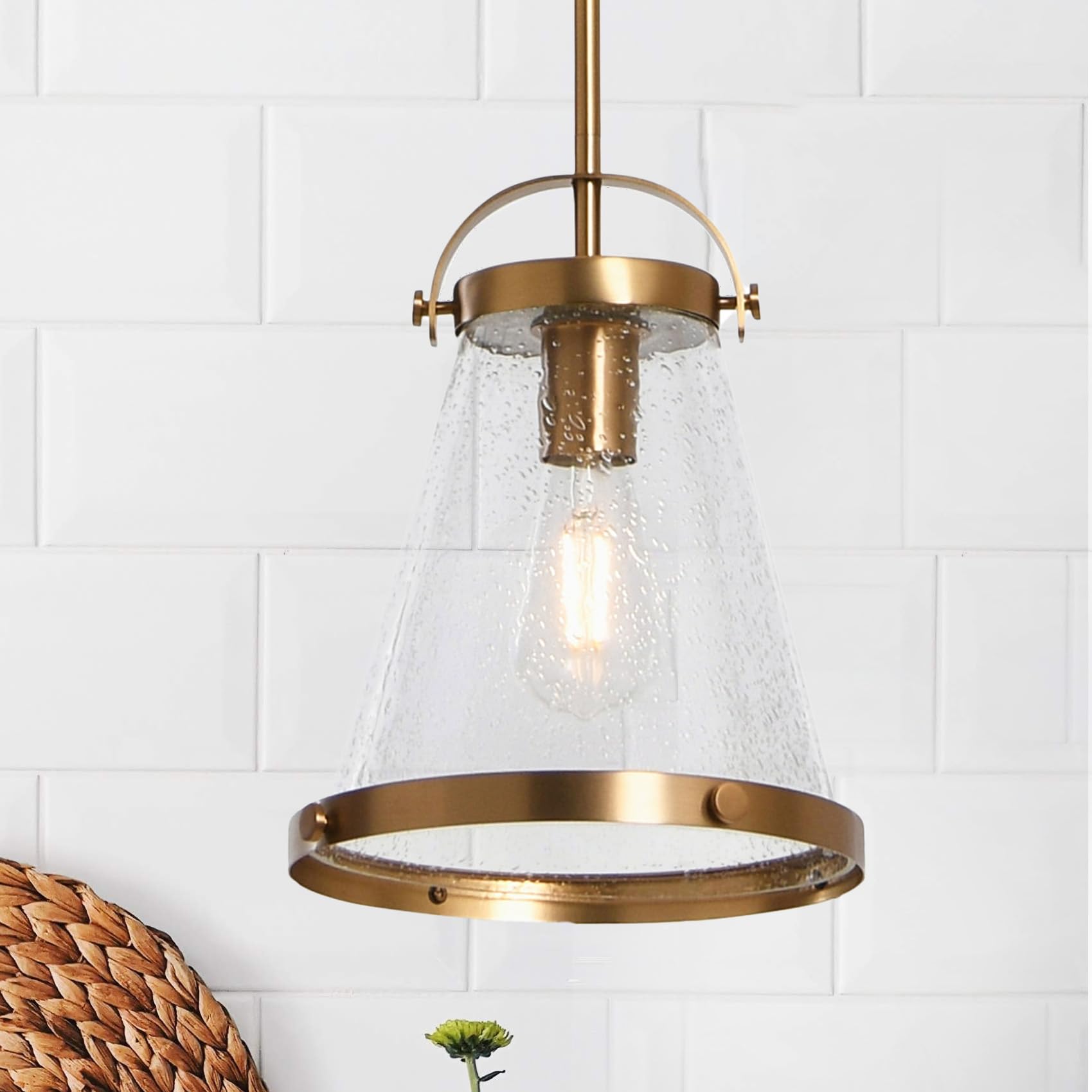 Wesley Brushed Gold Metal and Seedy Glass Ceiling Light Fixture - Modern Industrial Chandelier for Dining Room, Kitchen, or Bedroom Lighting