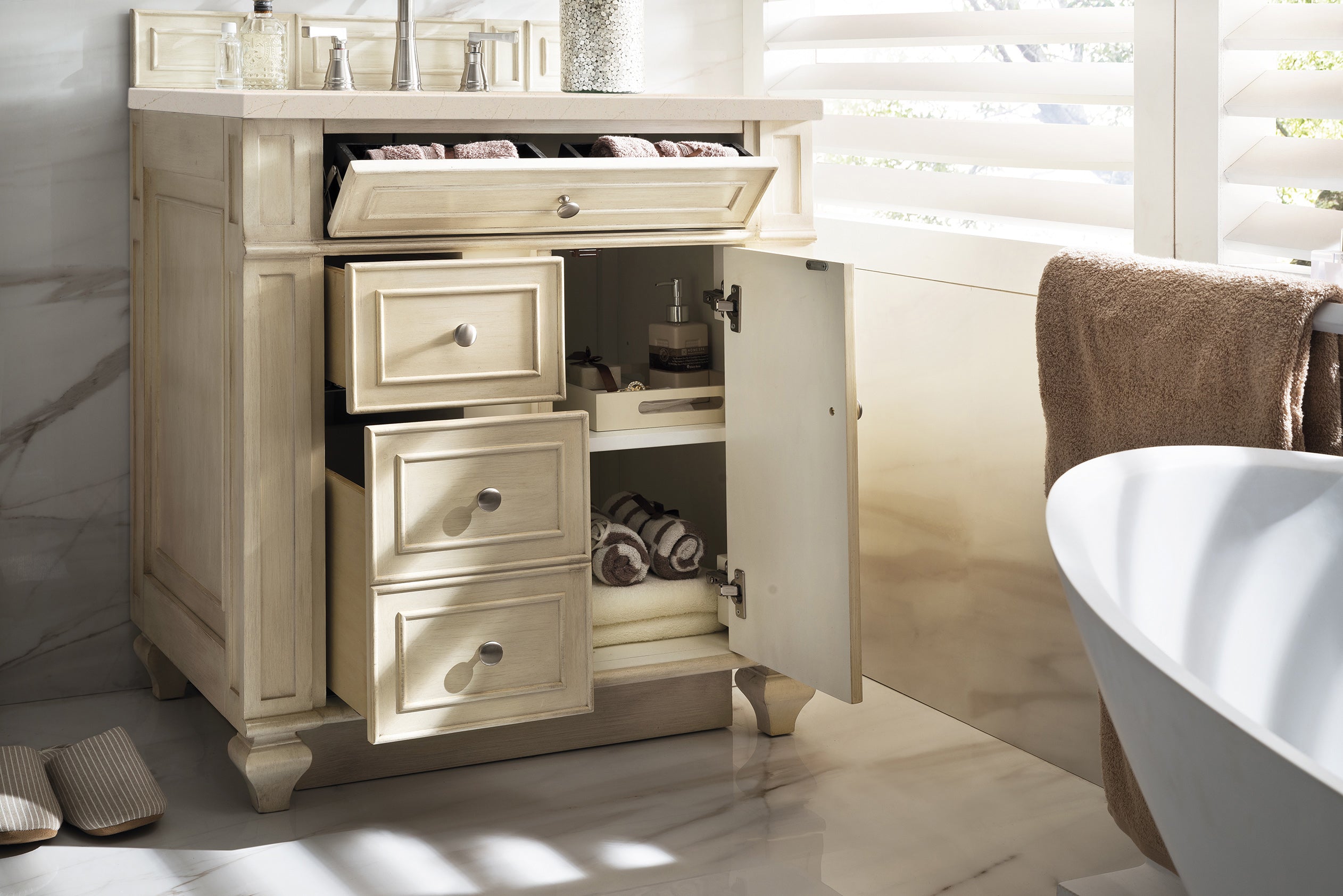 Bristol 30-Inch Single Bathroom Vanity Set in Vintage Vanilla with 3CM Eternal Marfil Quartz Countertop | Modern Farmhouse Sink Cabinet for Small Bathrooms & Powder Rooms