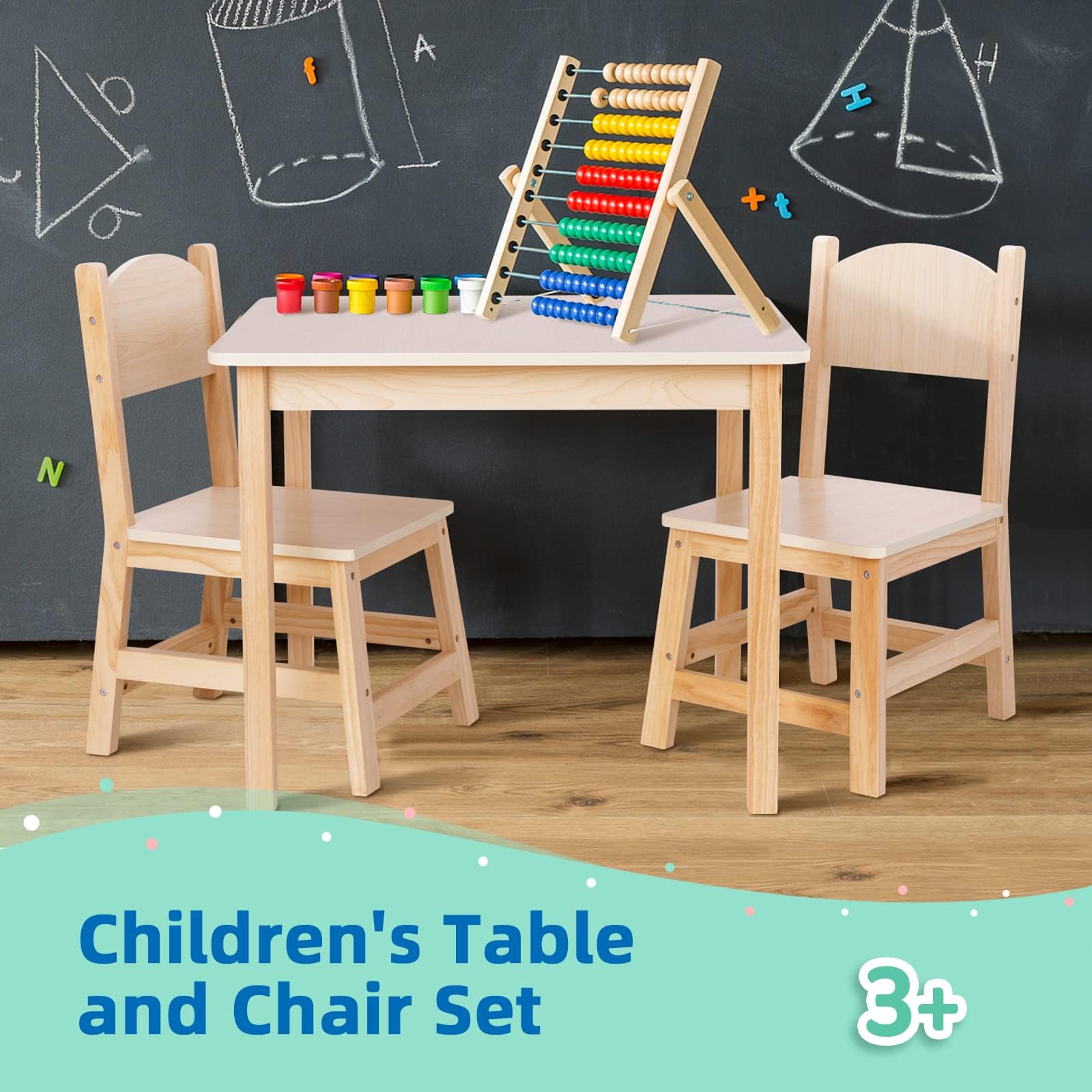 OOOK Wooden Kids Table and 2 Chairs Set - Waterproof Toddler Table with Smooth Edges, Easy to Clean Children's Dining & Activity Furniture for Eating, Snack Time, Arts & Crafts, Playtime and Learning Activities