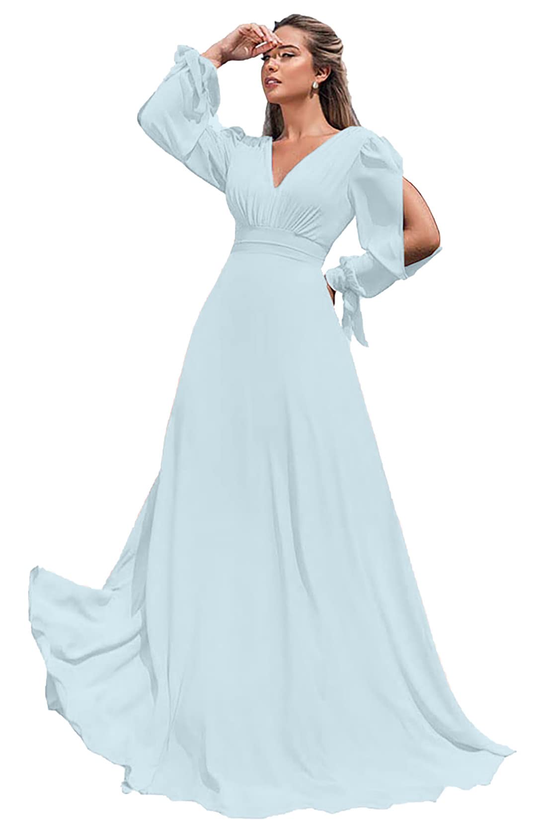 Elegant Long Sleeve Chiffon Bridesmaid Dresses for Women - A-Line Formal Wedding Party Gowns with Side Slit | Perfect for Bridal Showers, Receptions & Formal Events