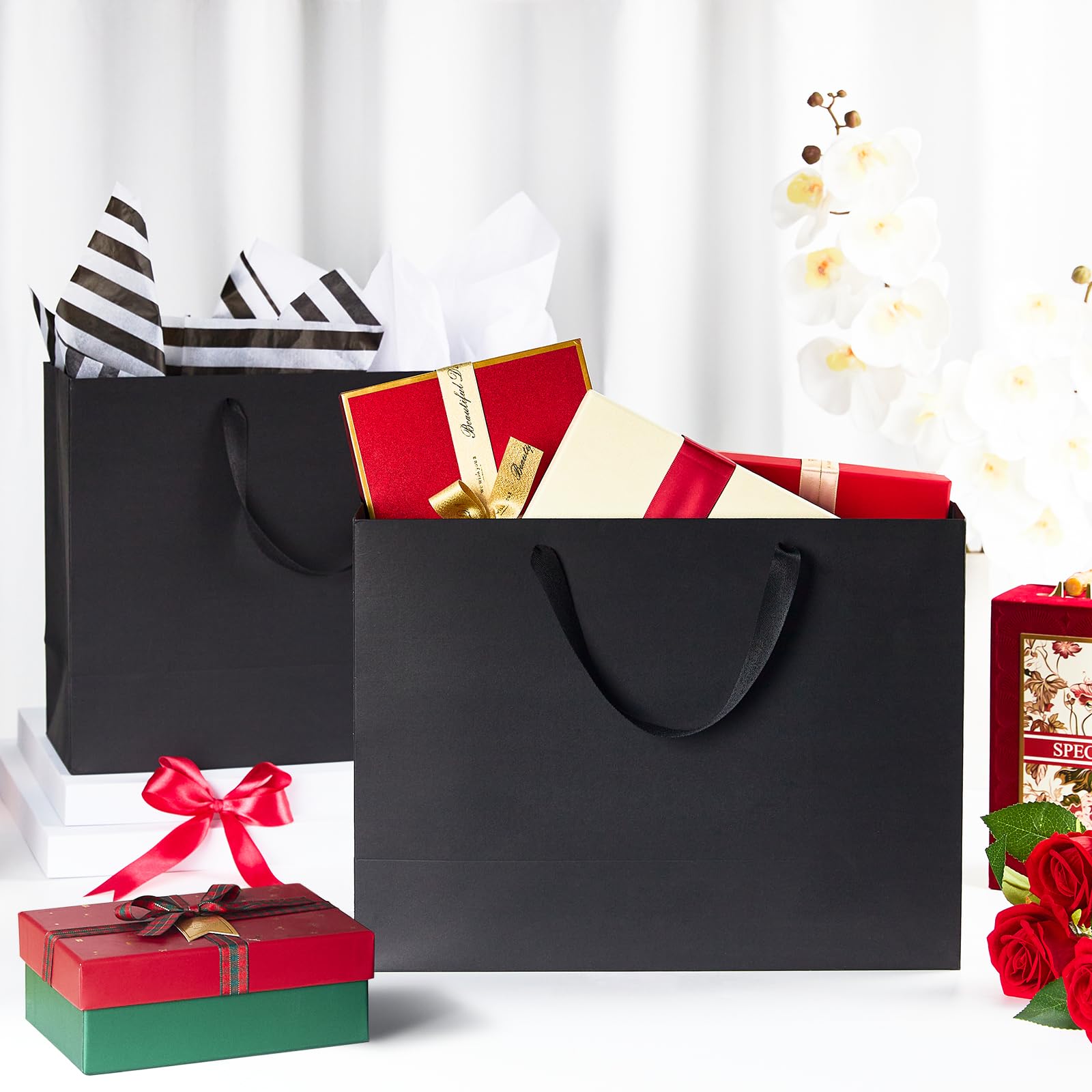 12 Pack 16 Inch Extra Large Black Kraft Paper Gift Bags with Ribbon Handles & Tissue Paper - 16x6x12 Inches - Perfect for Holiday Gifts, Retail Merchandising & Party Favors