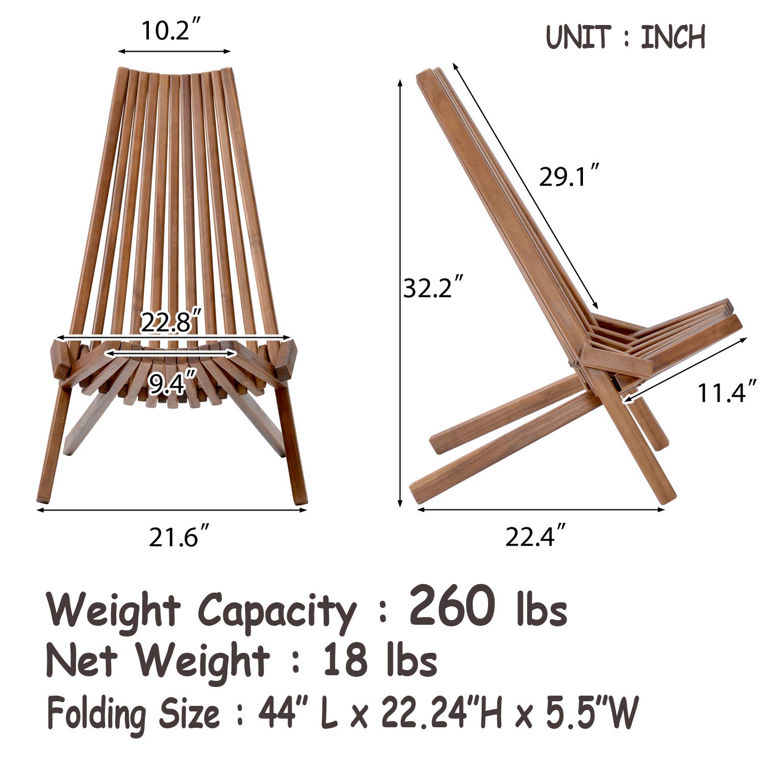 **Solid Wood Folding Garden Chairs - Acacia Wood Foldable Lounge Chair for Indoor & Outdoor Use - Handcrafted Patio Seating for Beach, Yard, Balcony - No Assembly Required - Perfect for Relaxing, Camping & Picnics**
