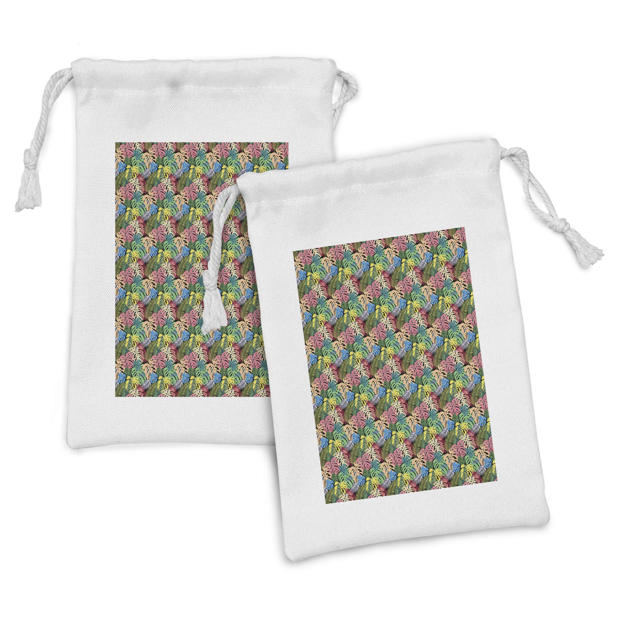 Ambesonne 2-Pack Exotic Fabric Pouch Set - Tropical Monstera & Palm Leaves Design, Rainbow Colors, Hawaiian Nature Theme | Small Drawstring Bags for Toiletries, Travel Accessories, Party Favors & Face Masks (9