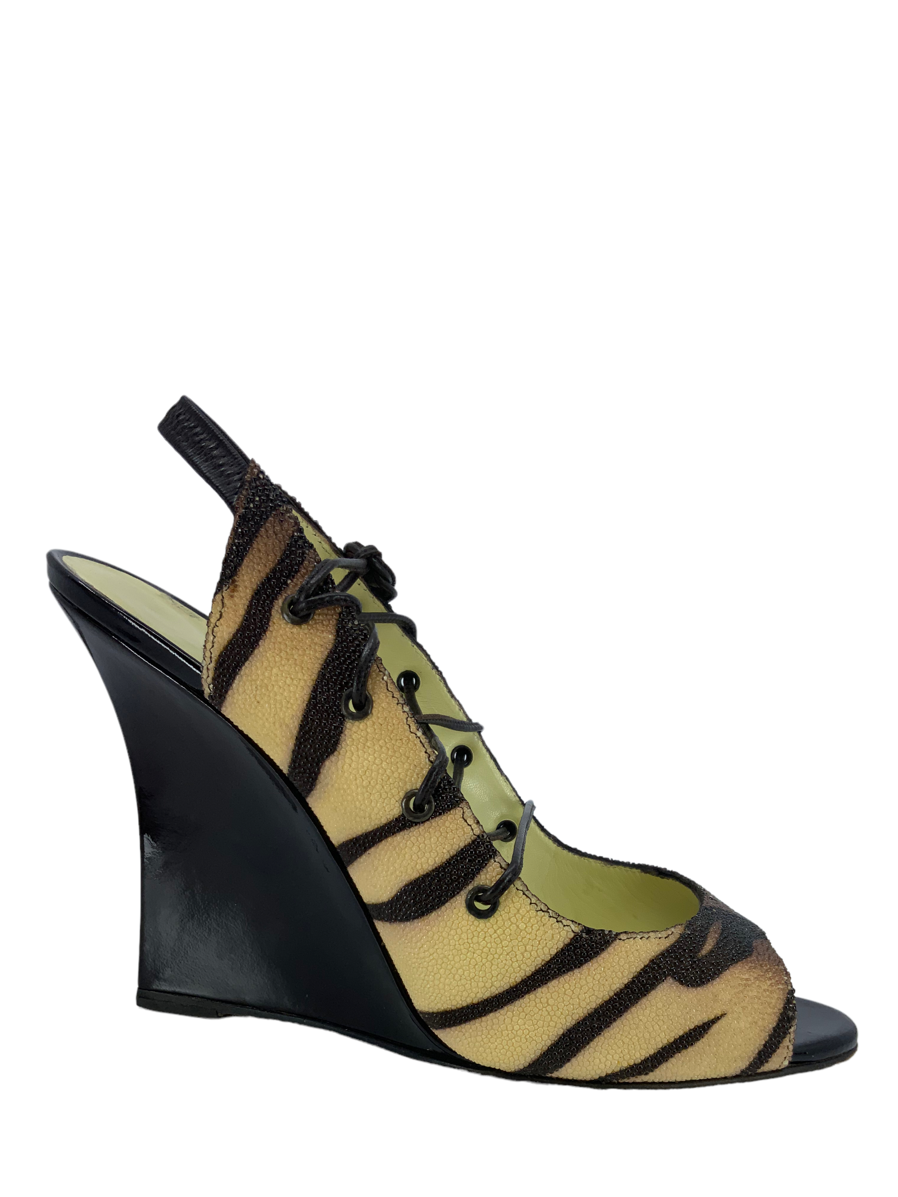 Manolo Blahnik Mania Tiger Stingray Wedges Women's Size 10 | Luxury Designer High Heel Sandals for Weddings, Parties & Special Occasions