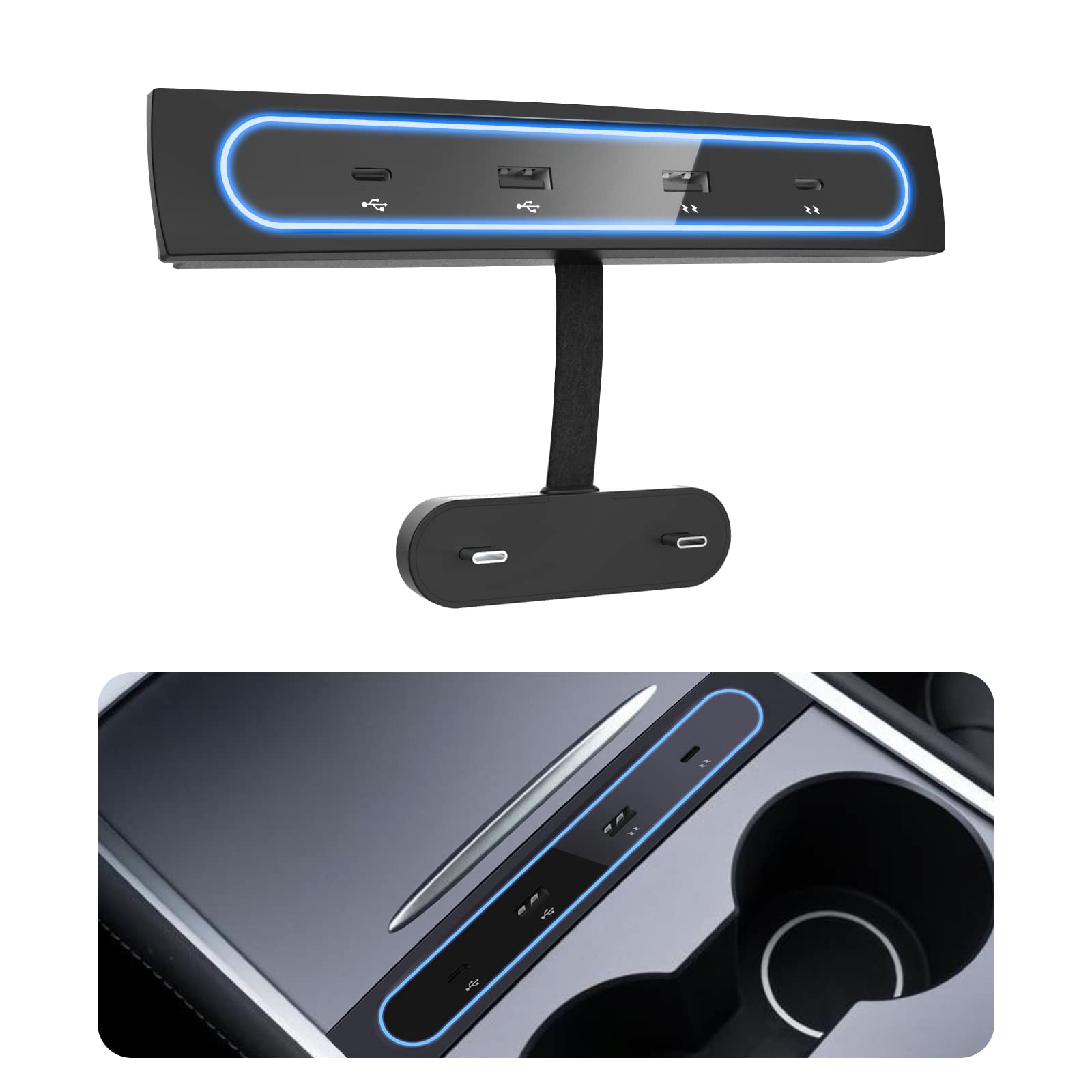 Tesla Model 3/Y USB Charger Hub - Multi Port Car Adapter with Blue LED | Perfect Fit for Center Console | Fast Phone Charging on Road Trips
