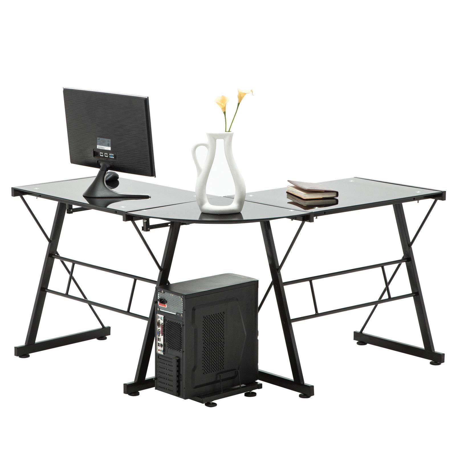 L-Shaped Corner Computer Desk with Keyboard Tray & CPU Stand - Black Glass Home Office Workstation for PC, Laptop, Gaming & Study | Perfect for Small Spaces & Modern Workspaces