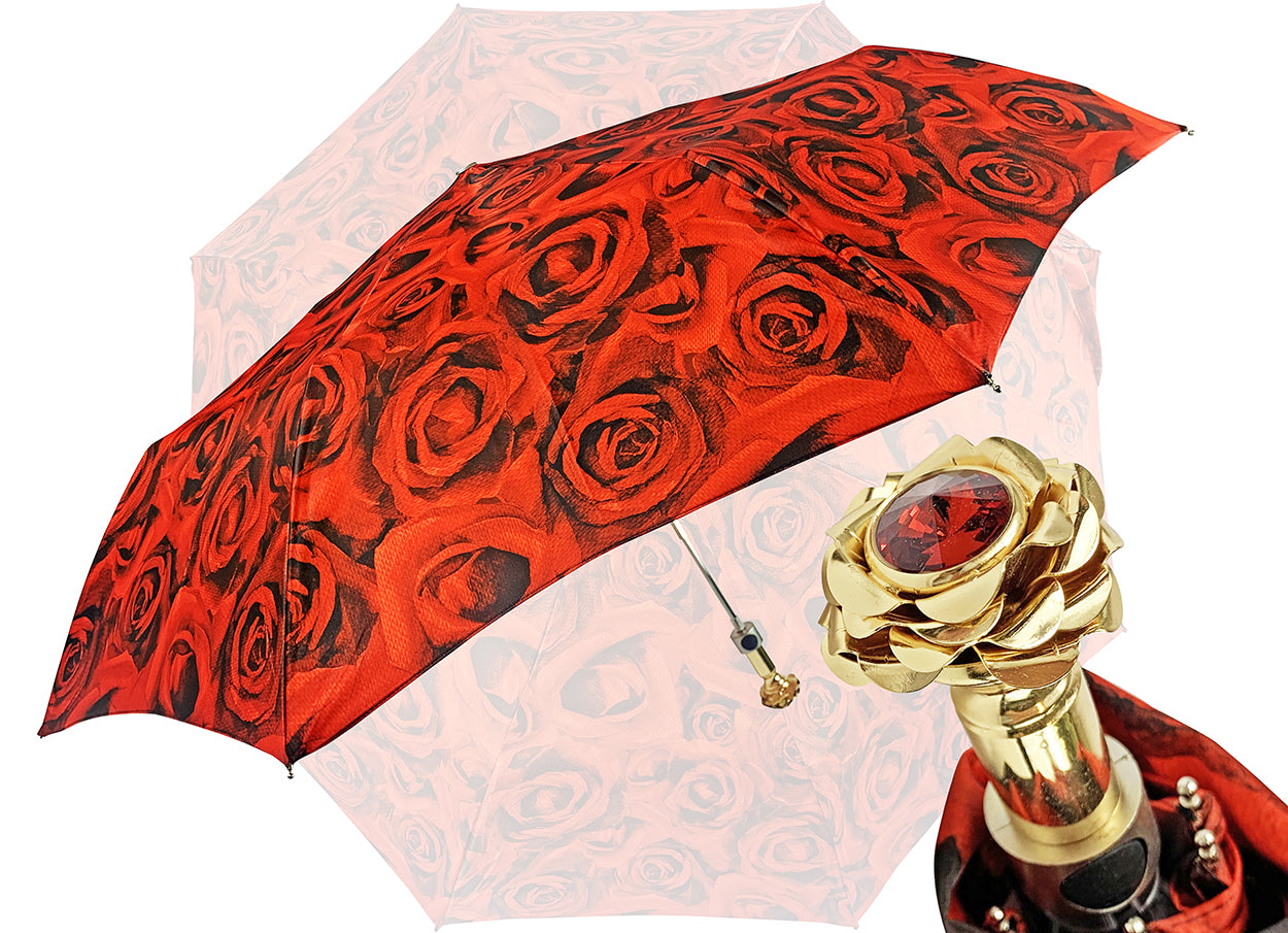 Elegant Collapsible Umbrella with 24K Gold Plated Rose Handle - Perfect for Romantic Dates, Weddings & Special Occasions