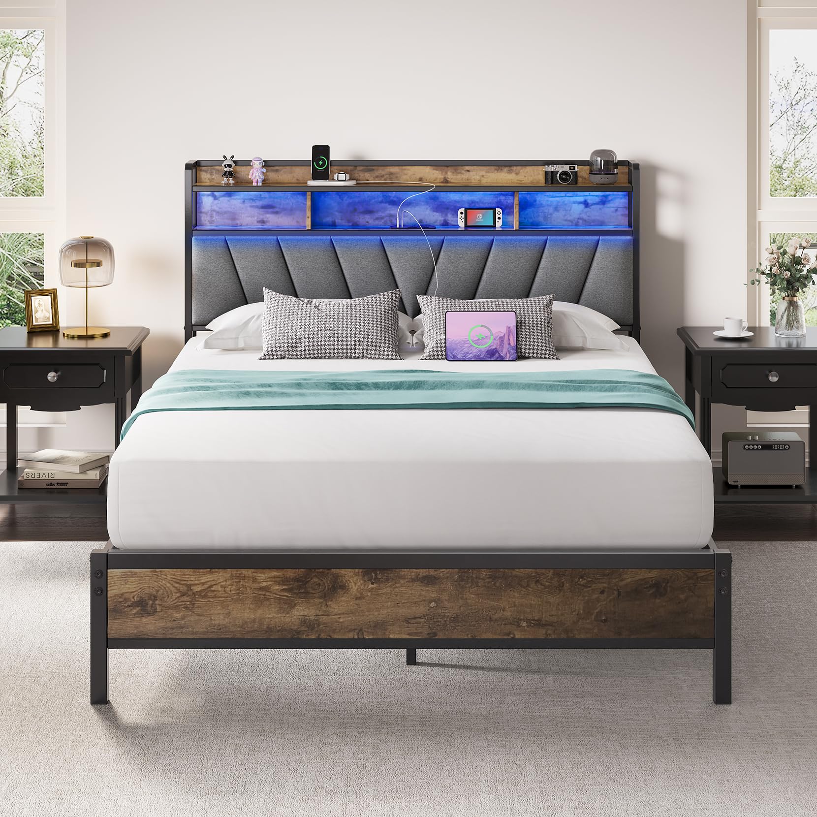 Queen Size Bed Frame with LED Headboard & USB Charging Station - Sturdy Metal Platform Bed with Underbed Storage, Noise-Free Design, No Box Spring Needed, Brown - Perfect for Modern Bedrooms, Guest Rooms & Small Spaces