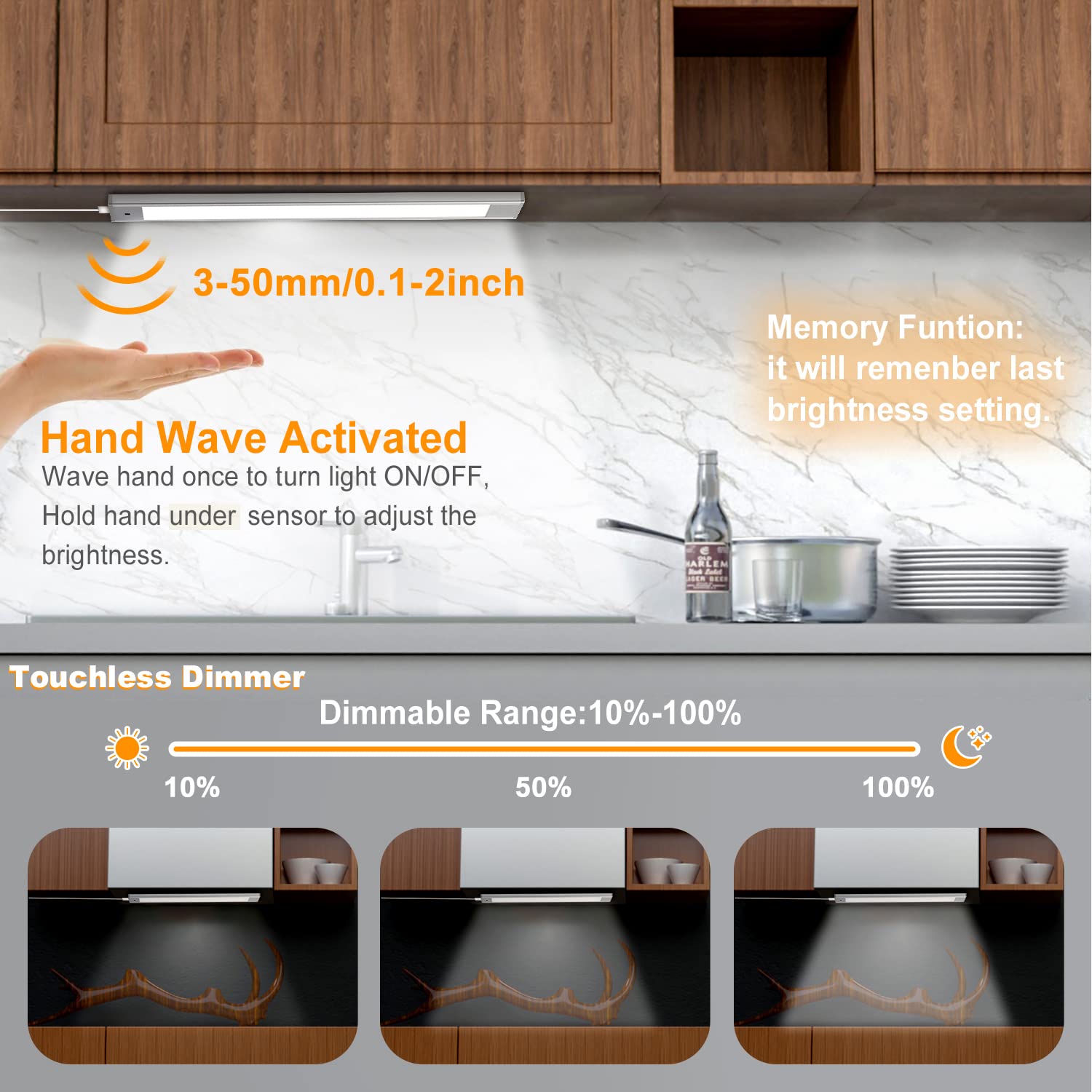 VST Hand Wave Activated Under Cabinet LED Lights - Plug in Closet Lighting with Stepless Dimming, 12 Inch 3 Pack 4000K Cool White - Perfect for Kitchen Shelf, Cupboard, Closet, Workbench and Home Office Lighting