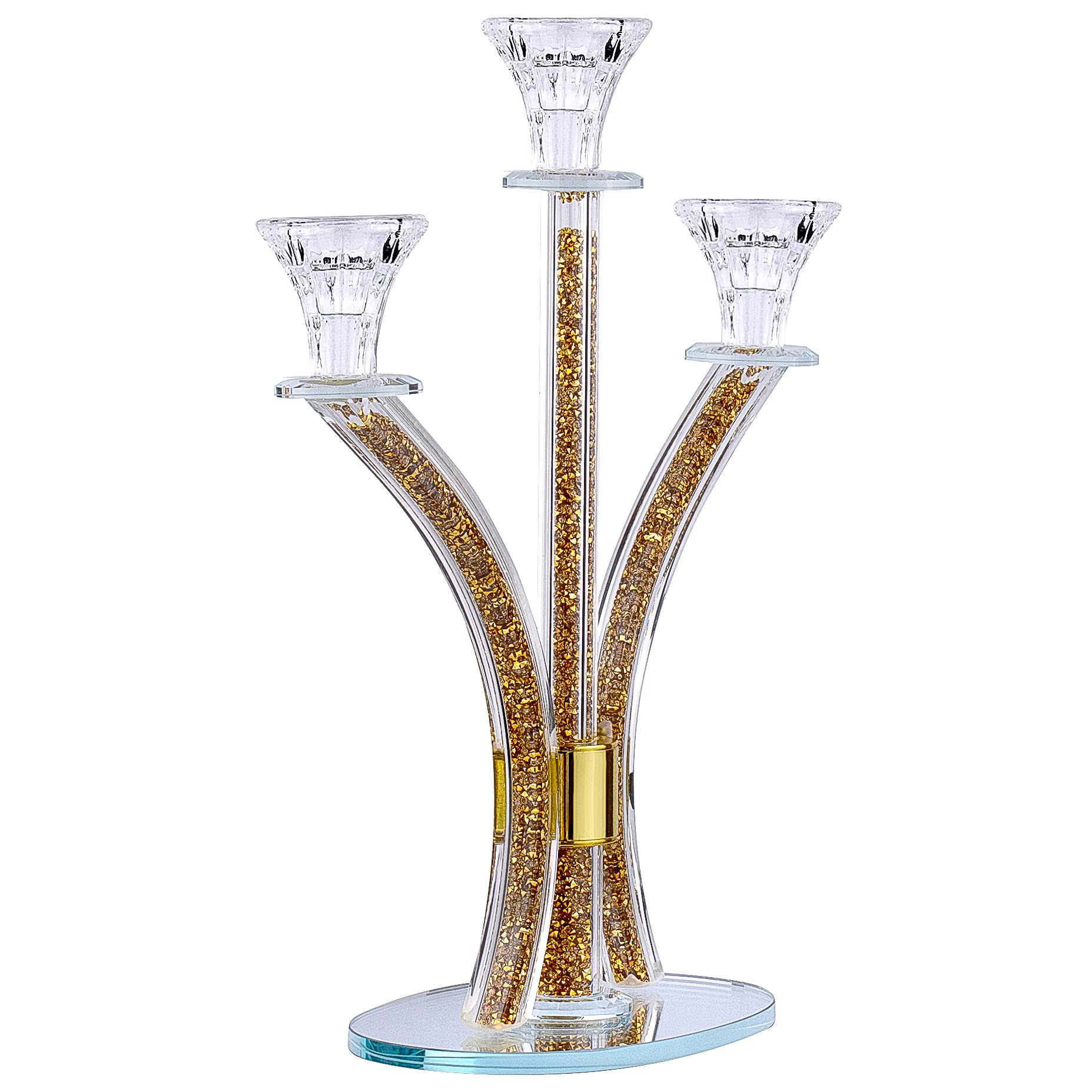 3-Arm Gold Crystal Candelabra Candle Holders - Elegant Modern Taper & Tea Light Candle Sticks - Luxury Dining Table Centerpiece Decor for Weddings, Parties & Home Decor
