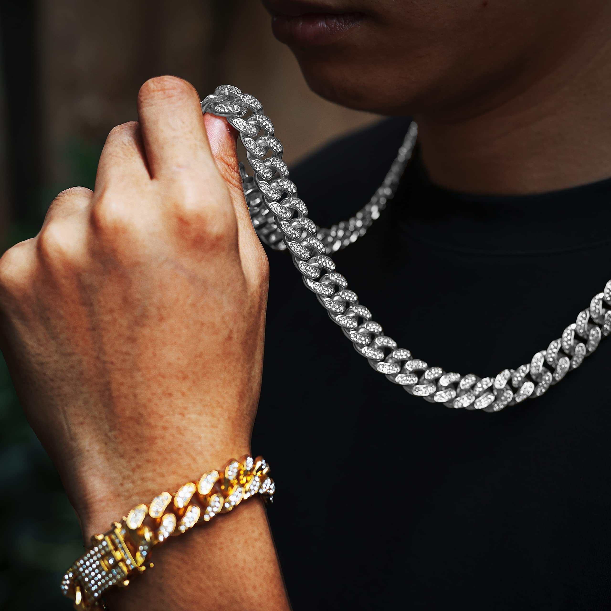 13MM Cuban Link Chain for Men - 18K Real Gold Plated/Platinum White Gold Finish Iced Out Necklace & Bracelet Set with Full CZ Diamond Cut Prong Setting & Gift Box - Perfect for Gifts, Parties, and Luxury Fashion Accessories