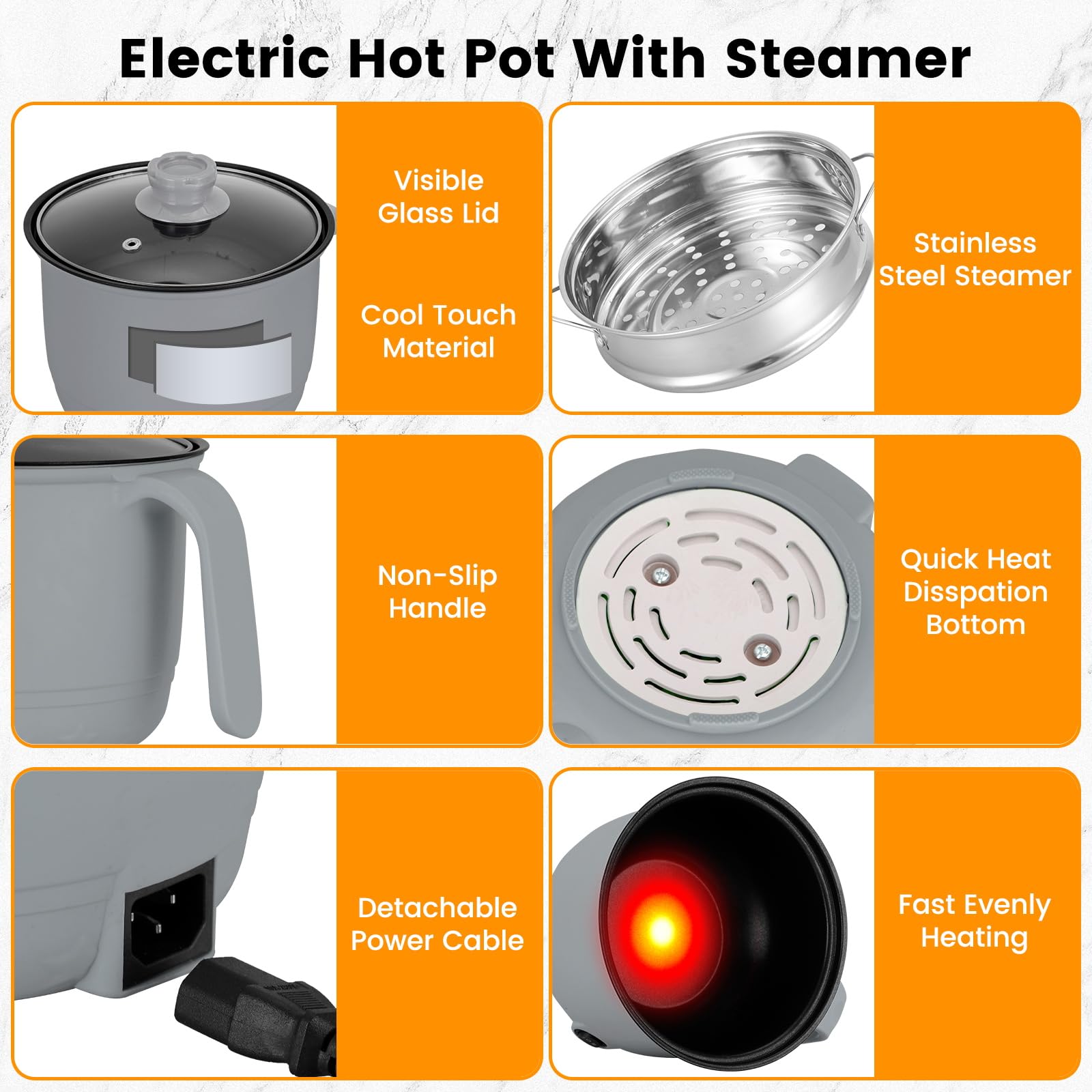 1.8L Electric Hot Pot with Steamer - Portable Mini Self-Heating Cooker for Noodles, Ramen, Pasta, Steak & Shabu Shabu | Non-Stick Gray Pot for Dorm, Office & Travel | Fast Cooking & Easy Clean