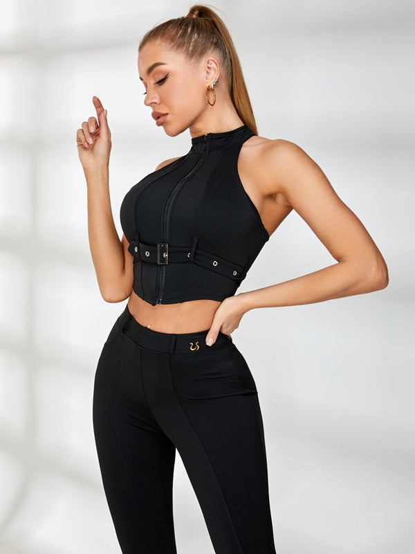ZASUWA Women's Stylish Zipper & Button Fake Pocket Tracksuit Set - Trendy Casual Outfit for Gym, Lounge & Streetwear Fashion