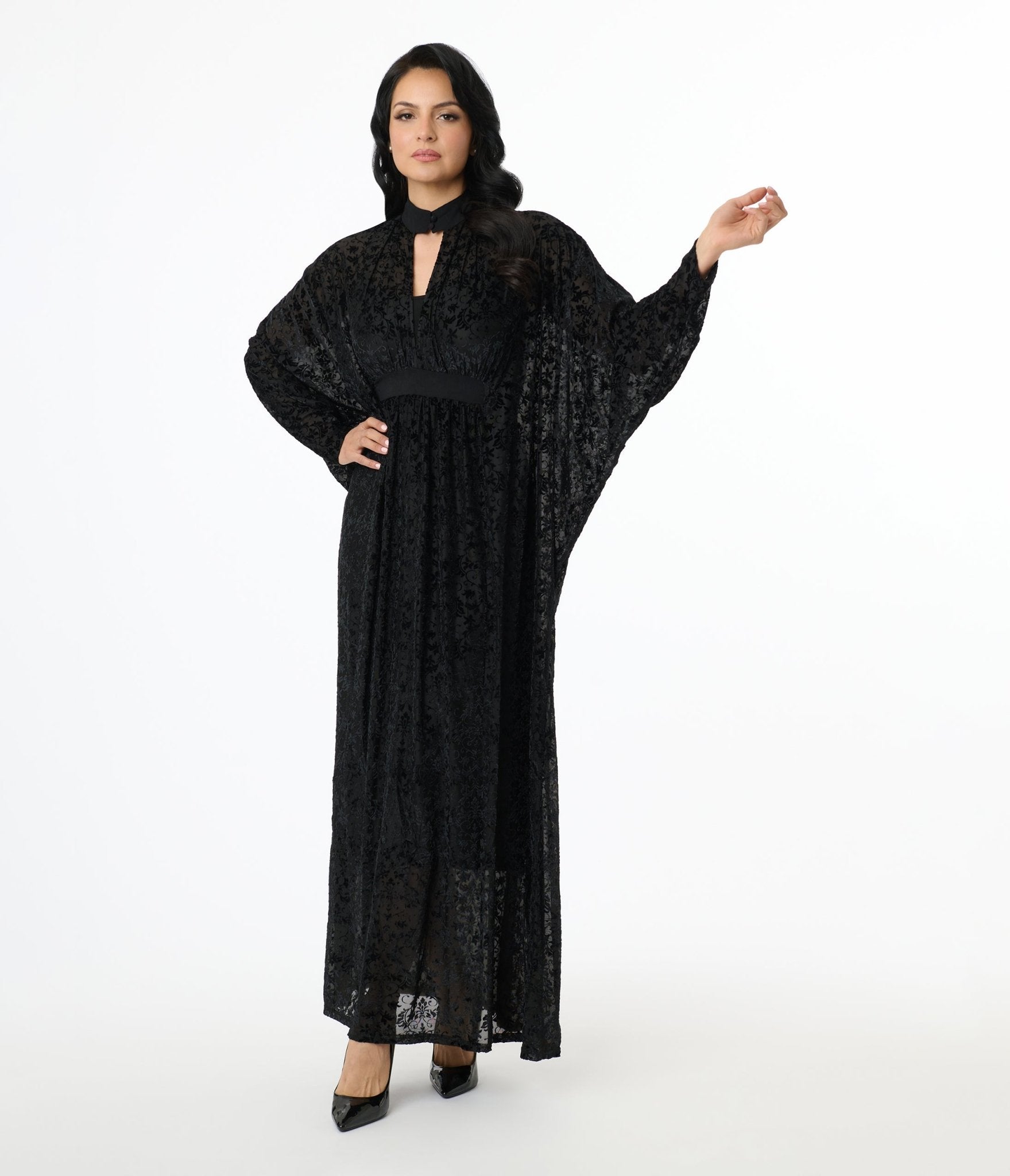 Vintage 1970s Black Floral Burnout Mesh High Neck Caftan Dress - Boho Chic Hippie Style Maxi Dress for Beach Wedding, Music Festival & Summer Vacation
