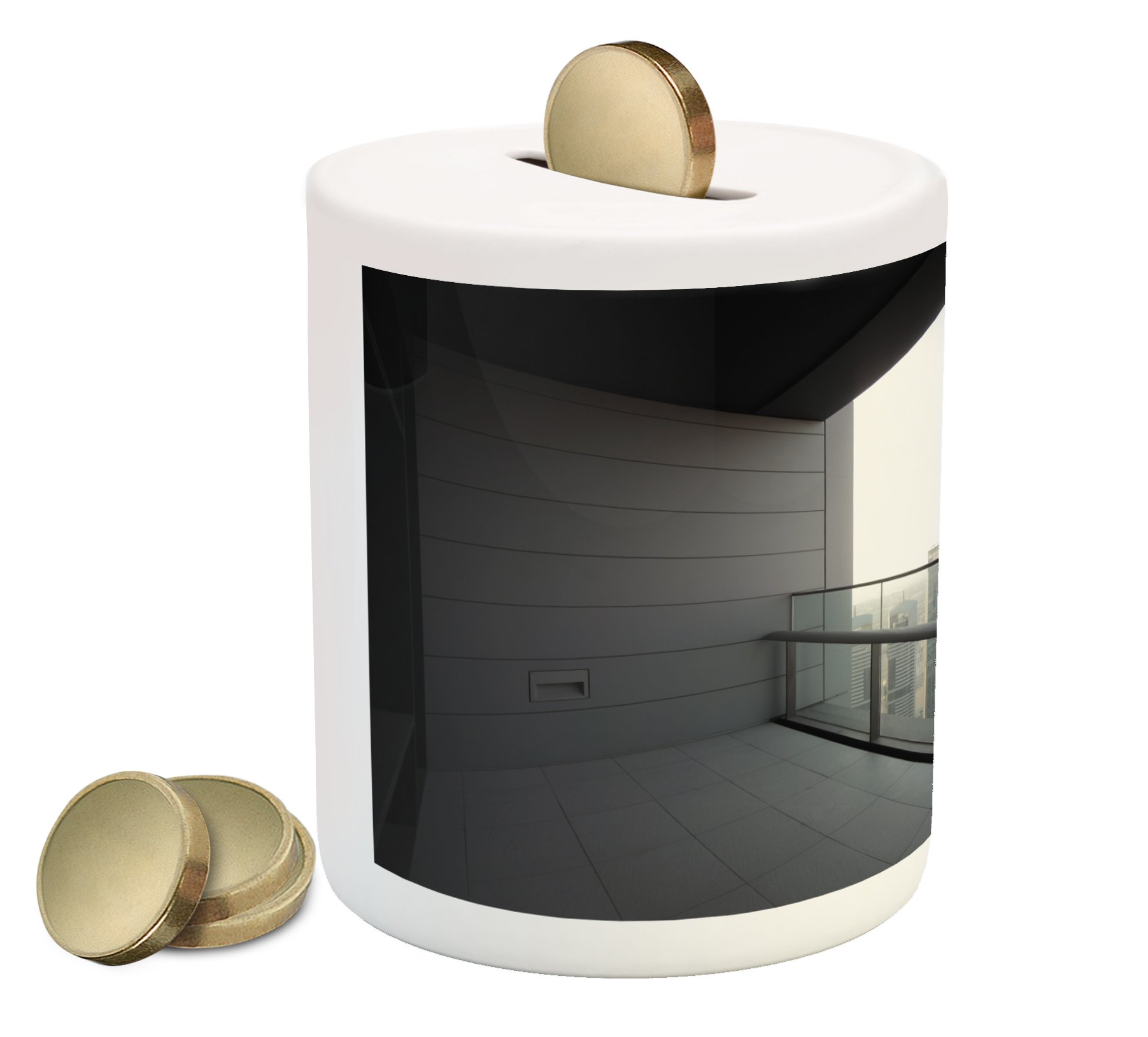Ambesonne Modern Ceramic Piggy Bank - Dubai City Skyline Photo Print, Money Saving Coin Bank for Cash & Coins (Charcoal Grey & White) | Perfect for Kids' Savings, Home Decor & Unique Gift Ideas
