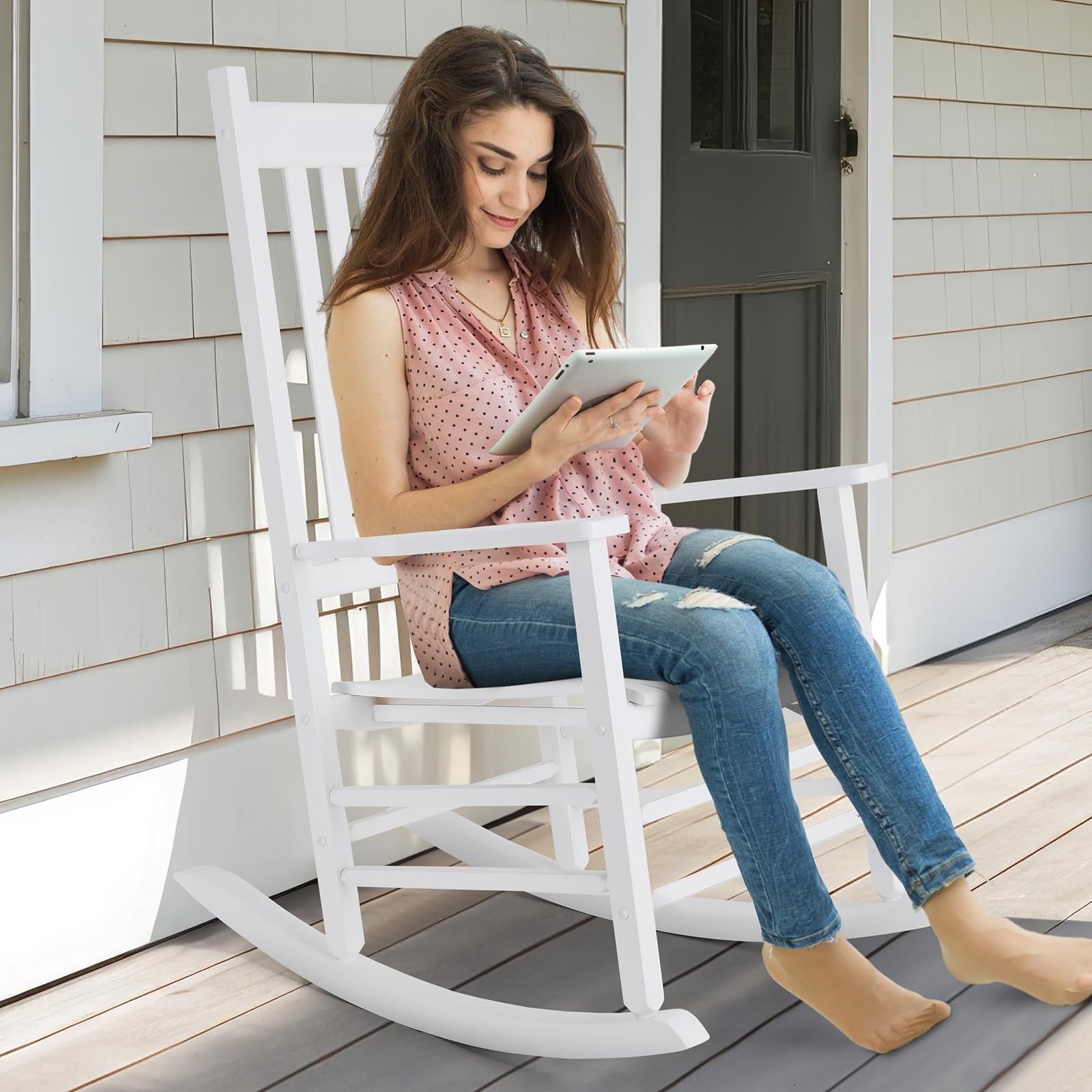 TLGREEN Solid Wood Oversized Outdoor Rocking Chair - Wide Seat All-Weather Patio Porch Rocker - Easy Assembly Indoor/Outdoor Use (White) - Perfect for Backyard Relaxation & Garden Lounging