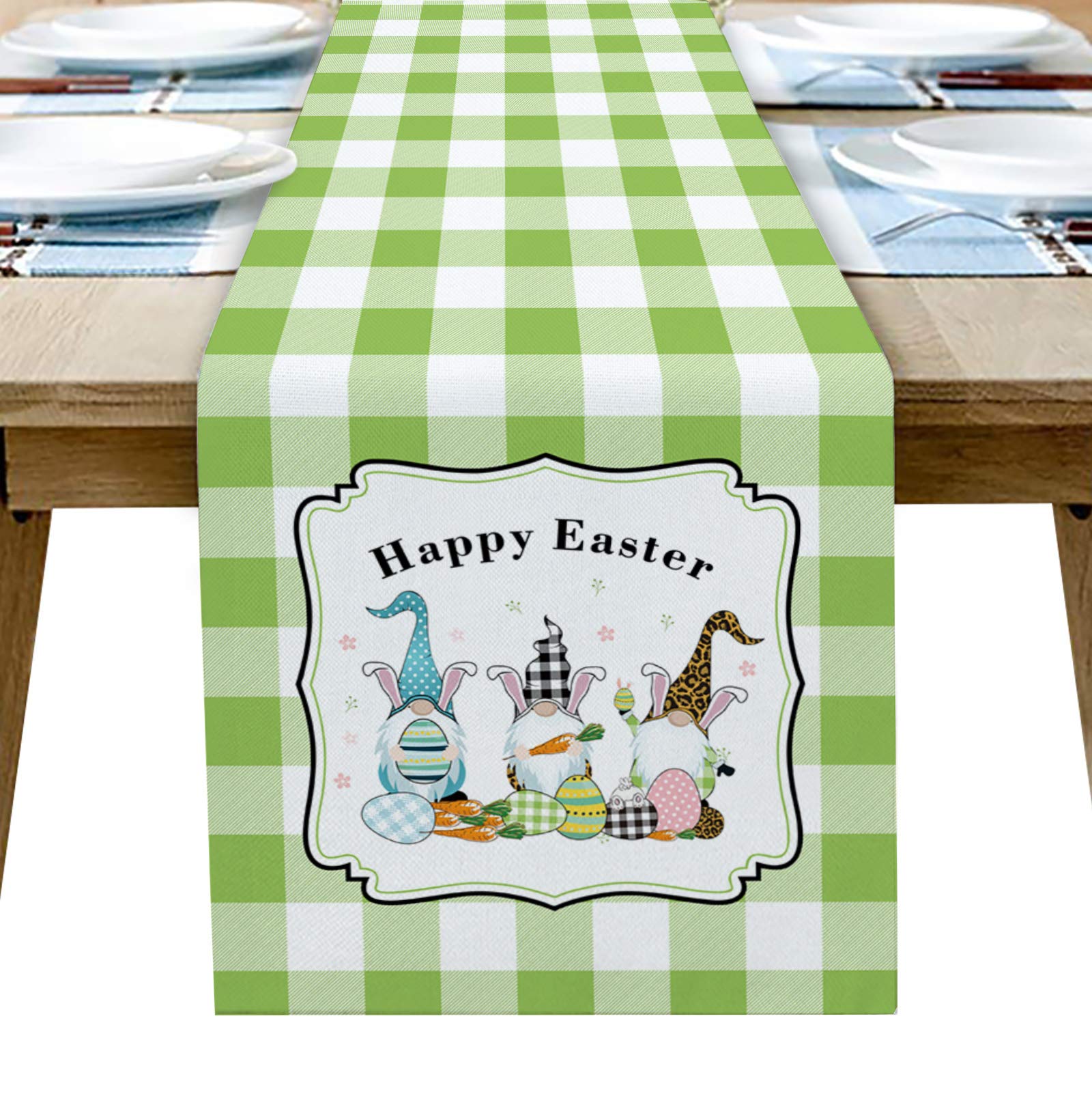 Lansemy Easter Burlap Table Runner - 13x90 Inch Linen Table Scarf for Dining Room, Coffee Table, Wedding & Party Decor with Gnome & Egg Design - Perfect for Spring Celebrations, Holiday Dinners and Farmhouse Home Decor