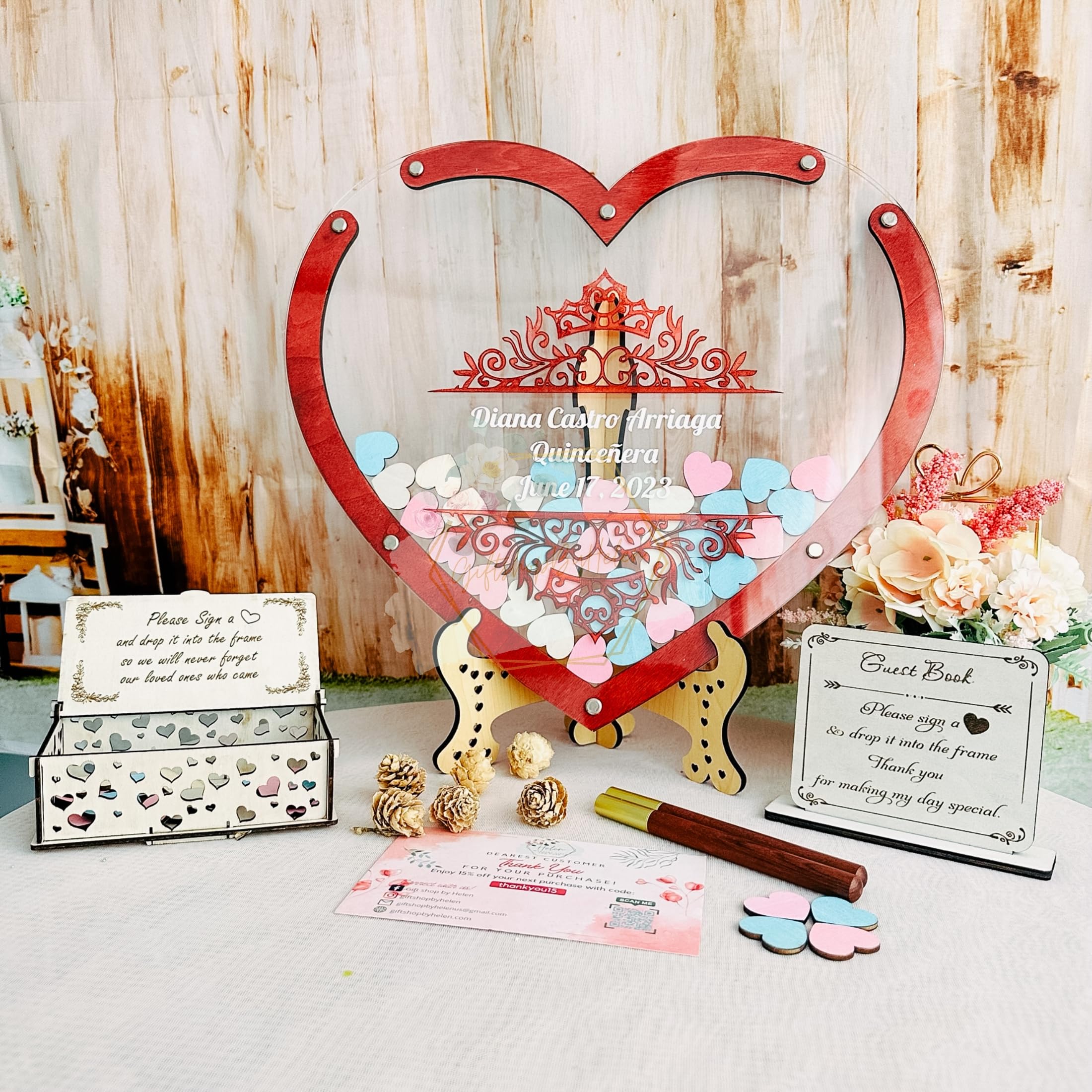 Personalized Sweet 16 & Quinceañera Wooden Heart Guest Book Alternative with Dropbox - Unique Keepsake for Birthday Party Decorations & Wedding Guest Signing - Perfect for Sweet 16, Quinceañera, Anniversary & Bridal Shower Decor