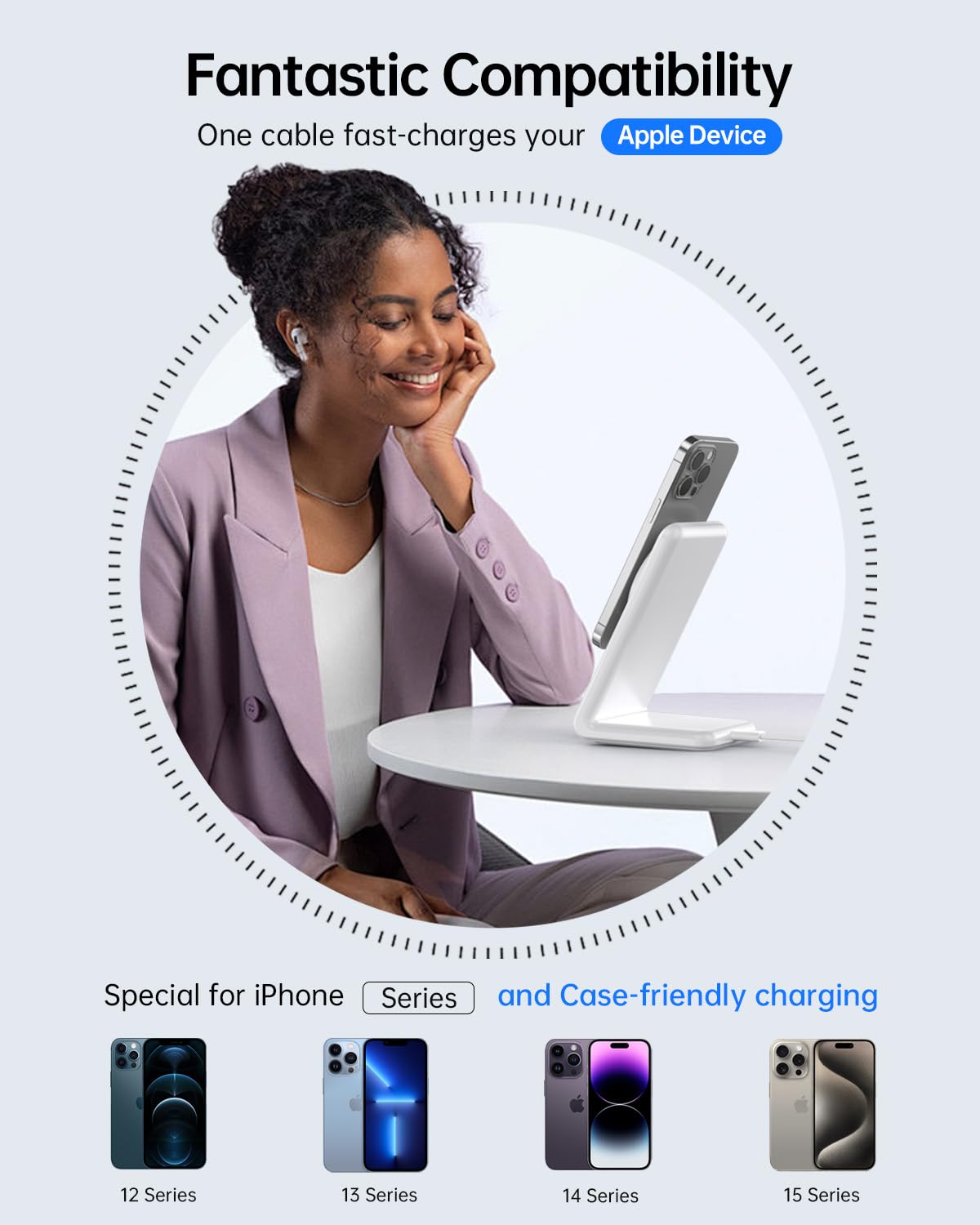 Magnetic Wireless Charger Stand for iPhone 16 Pro Max & Magsafe Charger - Fast USB-C Charging with 5ft Braided Cable | Compatible with iPhone 15/14/13/12 Series | Perfect for Home, Office & Nightstand Charging (White)