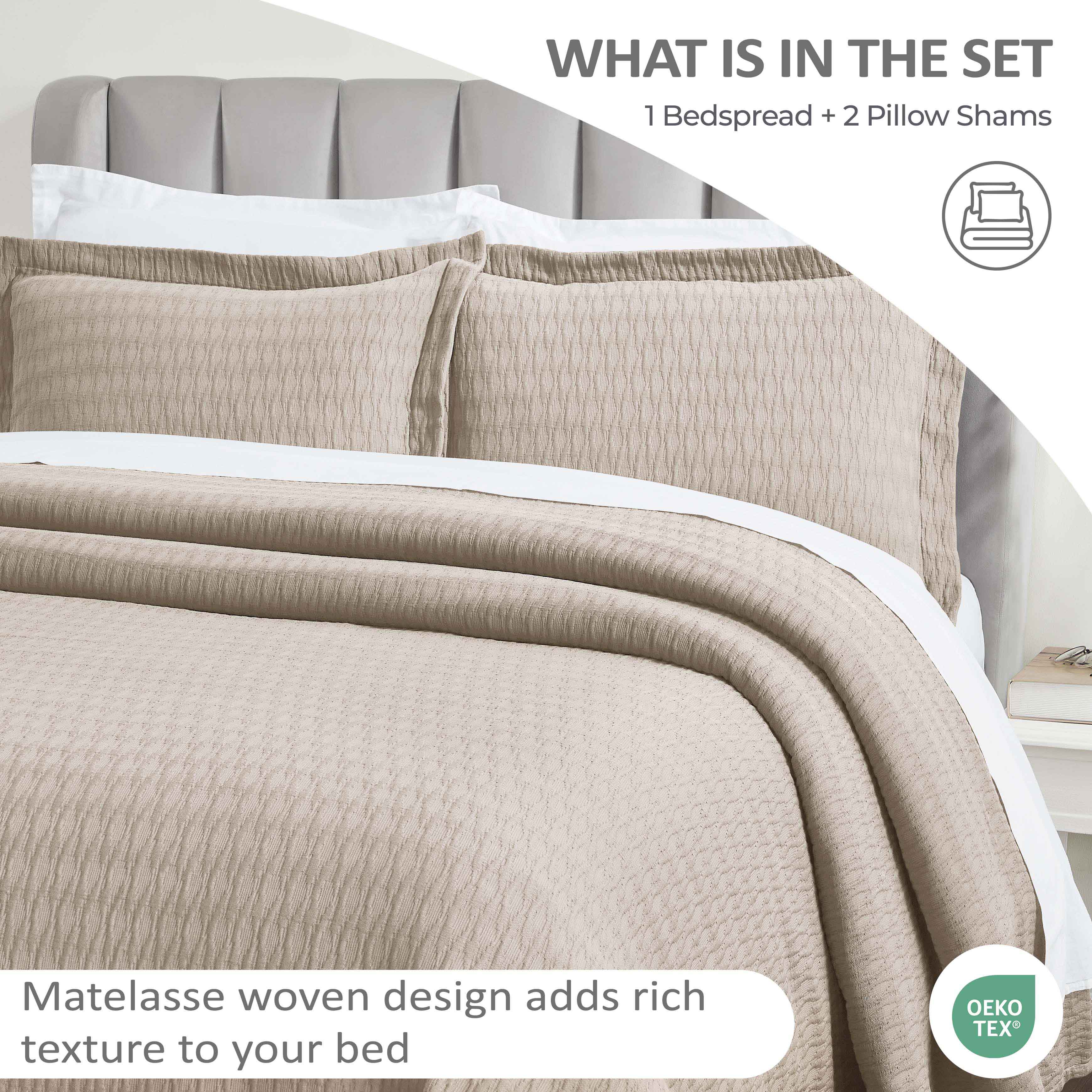 Calvert Cotton Medium Weight Geometric Matelasse Bedspread Set - Queen Size Luxury Bedding for Modern Bedrooms | Perfect for Master Bedroom, Guest Room & Dorm Decor