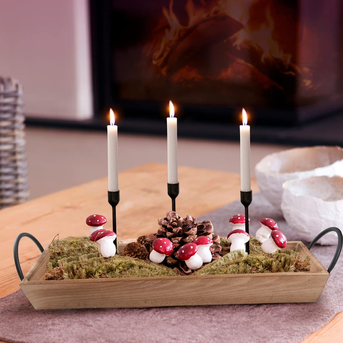 Rustic Rectangle Wood Candle Tray with Black Metal Handles - Farmhouse Style Candle Holder for Displaying Candles, Centerpiece for Dining Table, Mantel, Coffee Table - Perfect for Home Decor, Wedding Decorations, and Cozy Farmhouse Aesthetic
