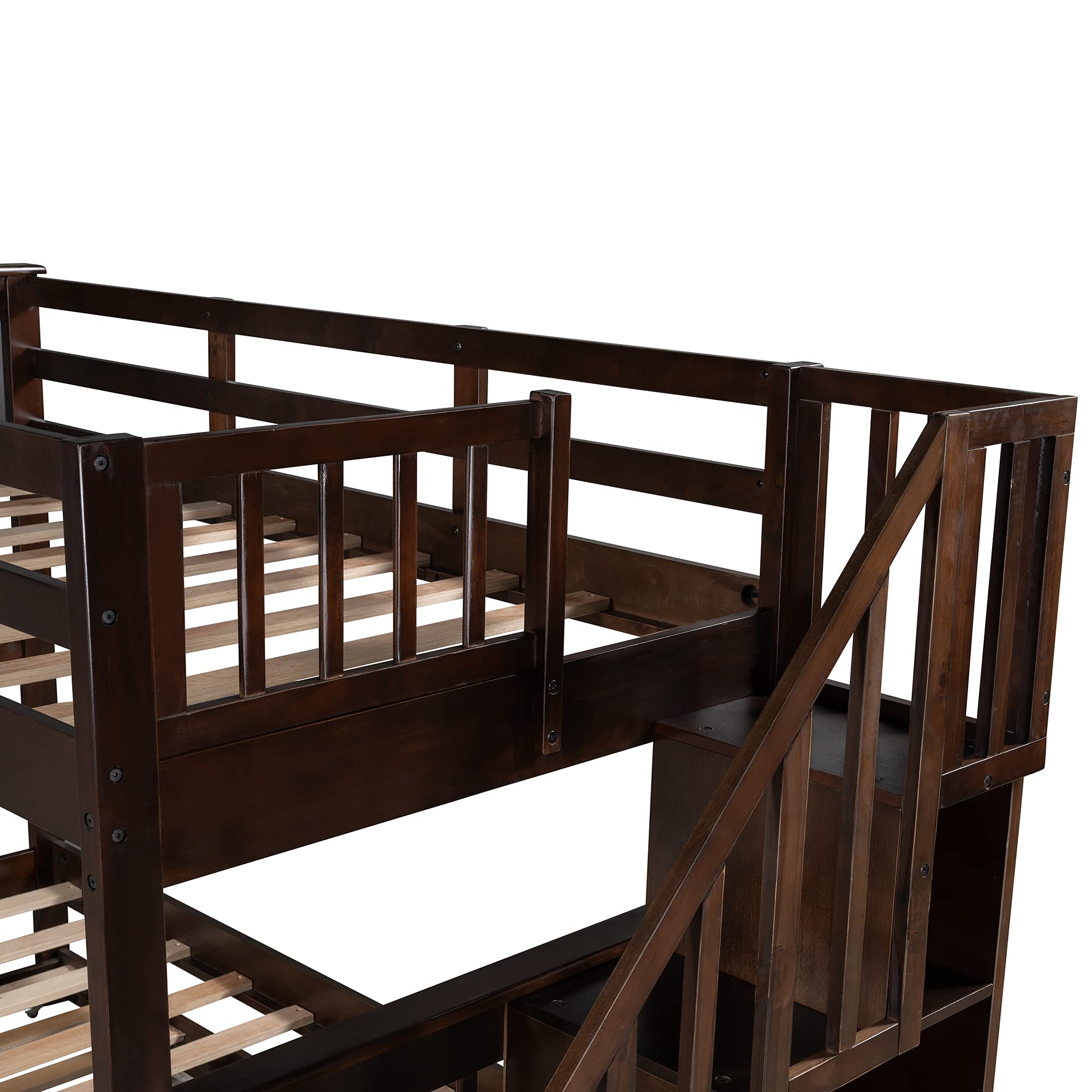**Twin Over Twin Wooden Bunk Bed with Trundle, Stairs & Open Shelves – Espresso Kids & Teens Bunk Bed for Bedroom, Dorm, Guest Room – Space-Saving & Stylish Sleep Solution**