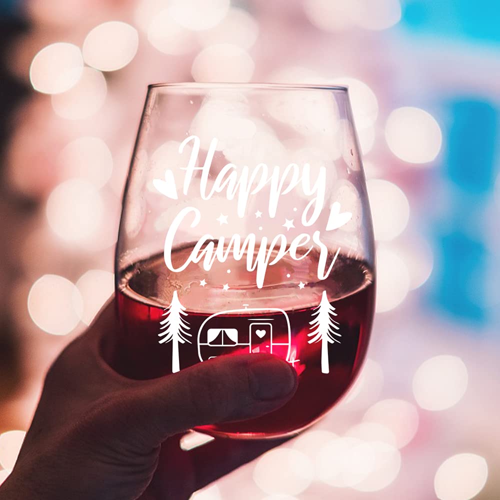 Happy Camper Funny Wine Glass - Birthday Gifts for Women, Sister & BFF - Cute Camping Gifts for Her - Glamping RV Kitchen Accessories - Perfect for Thanksgiving, Christmas & Graduation - Great for Outdoor Adventures, Girls' Night & Wine Tasting Parties